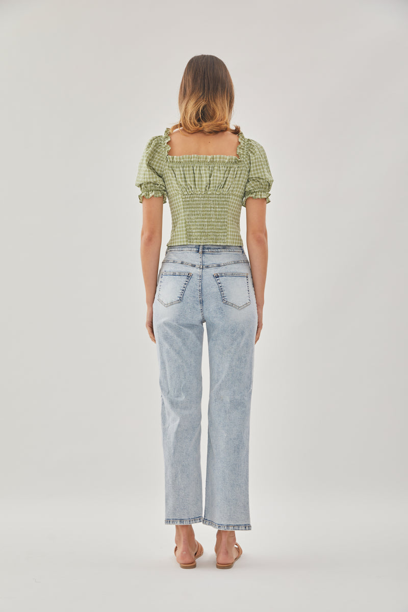 Frill-Trimmed Top in Gingham Fern