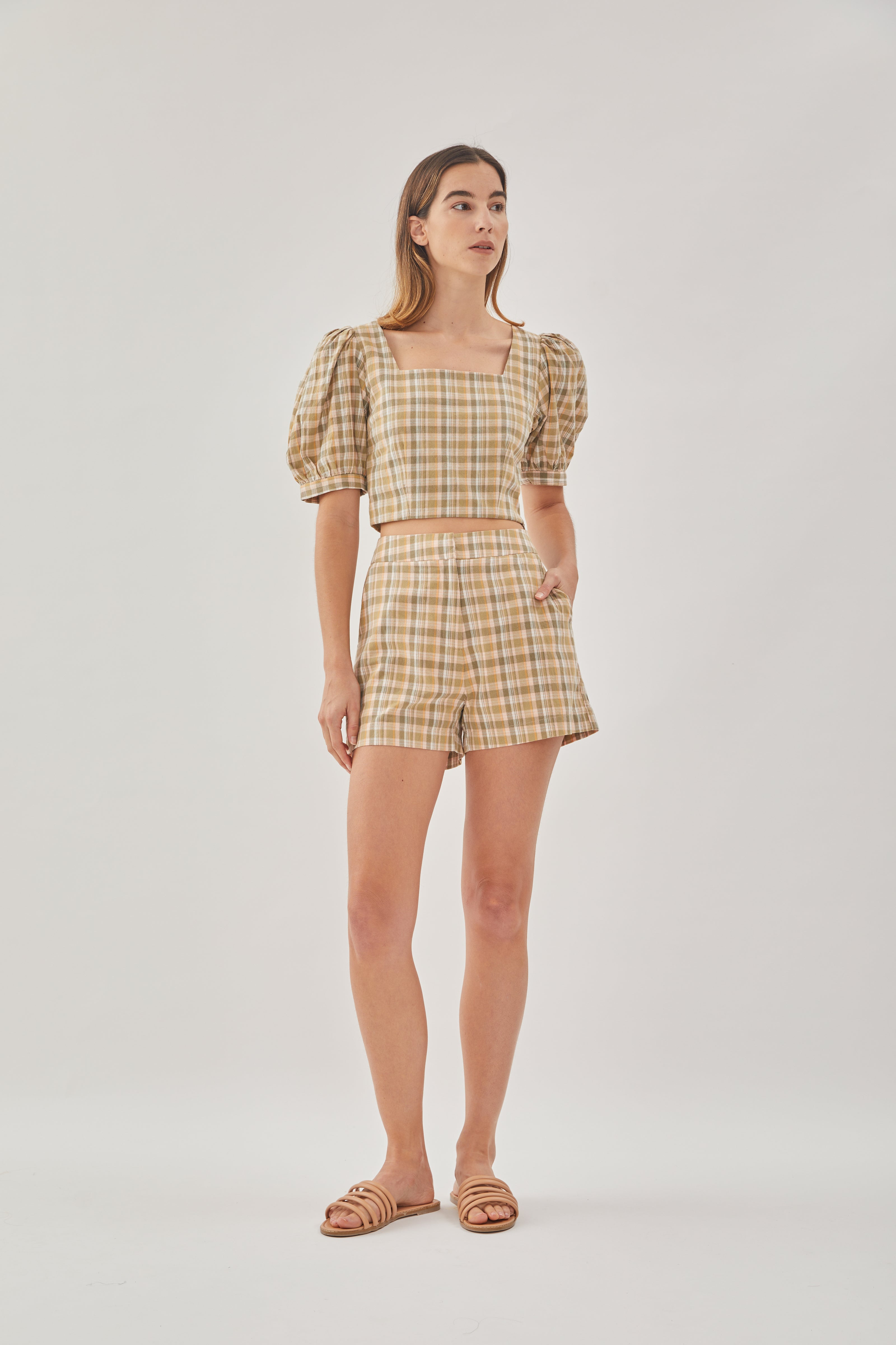 Checkered Cotton Shorts in Forest
