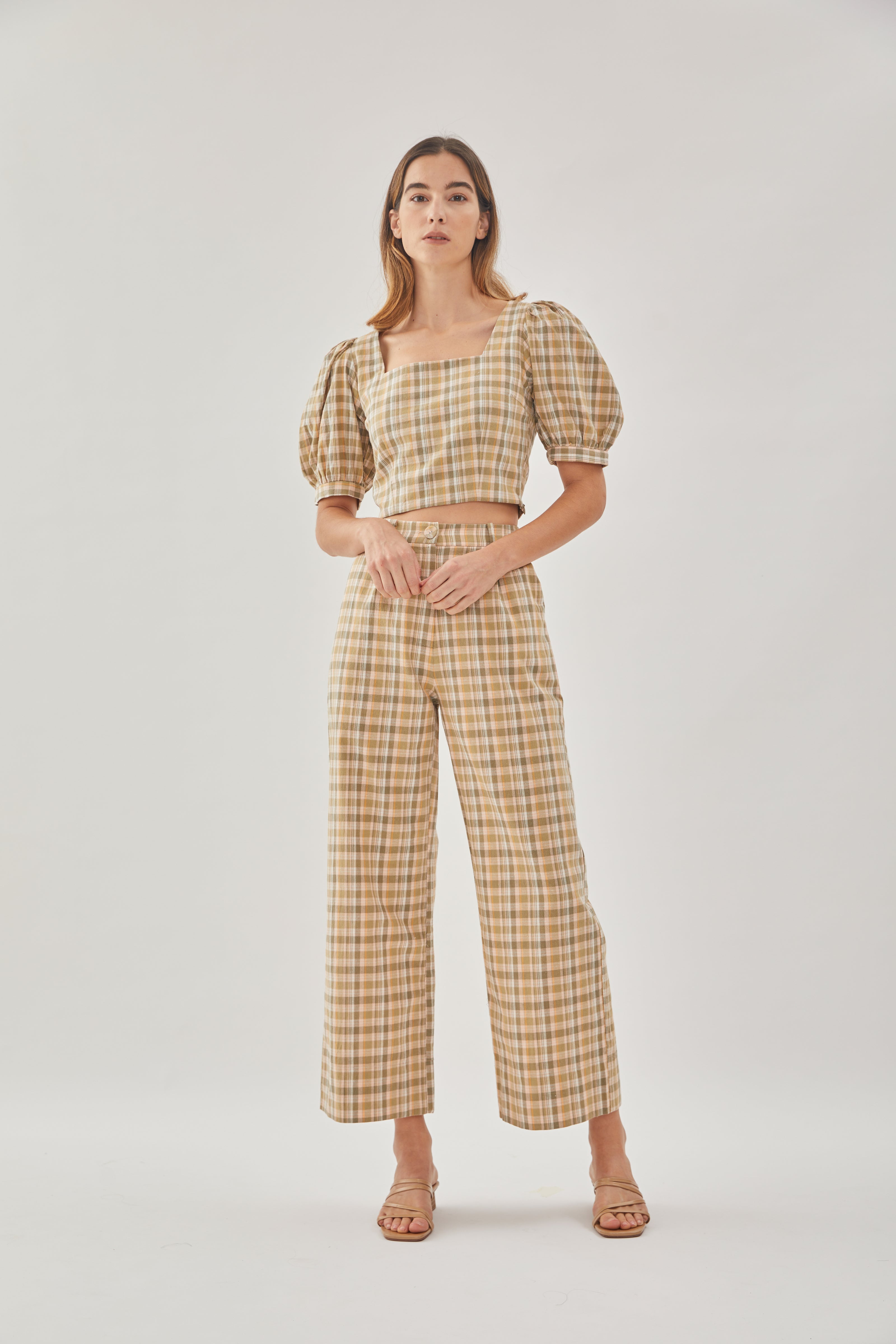 Checkered Cotton Straight Pants in Forest