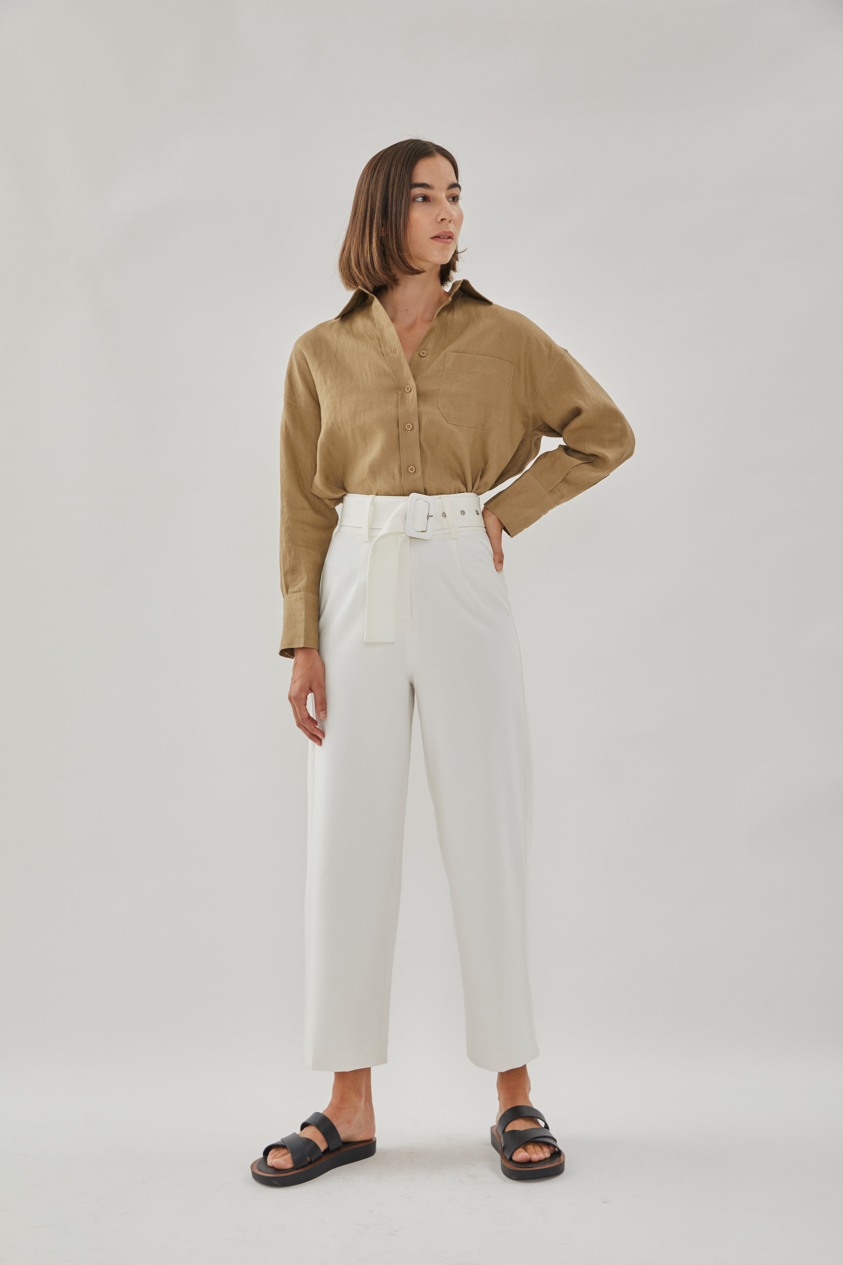 High Waisted Belted Trousers in White