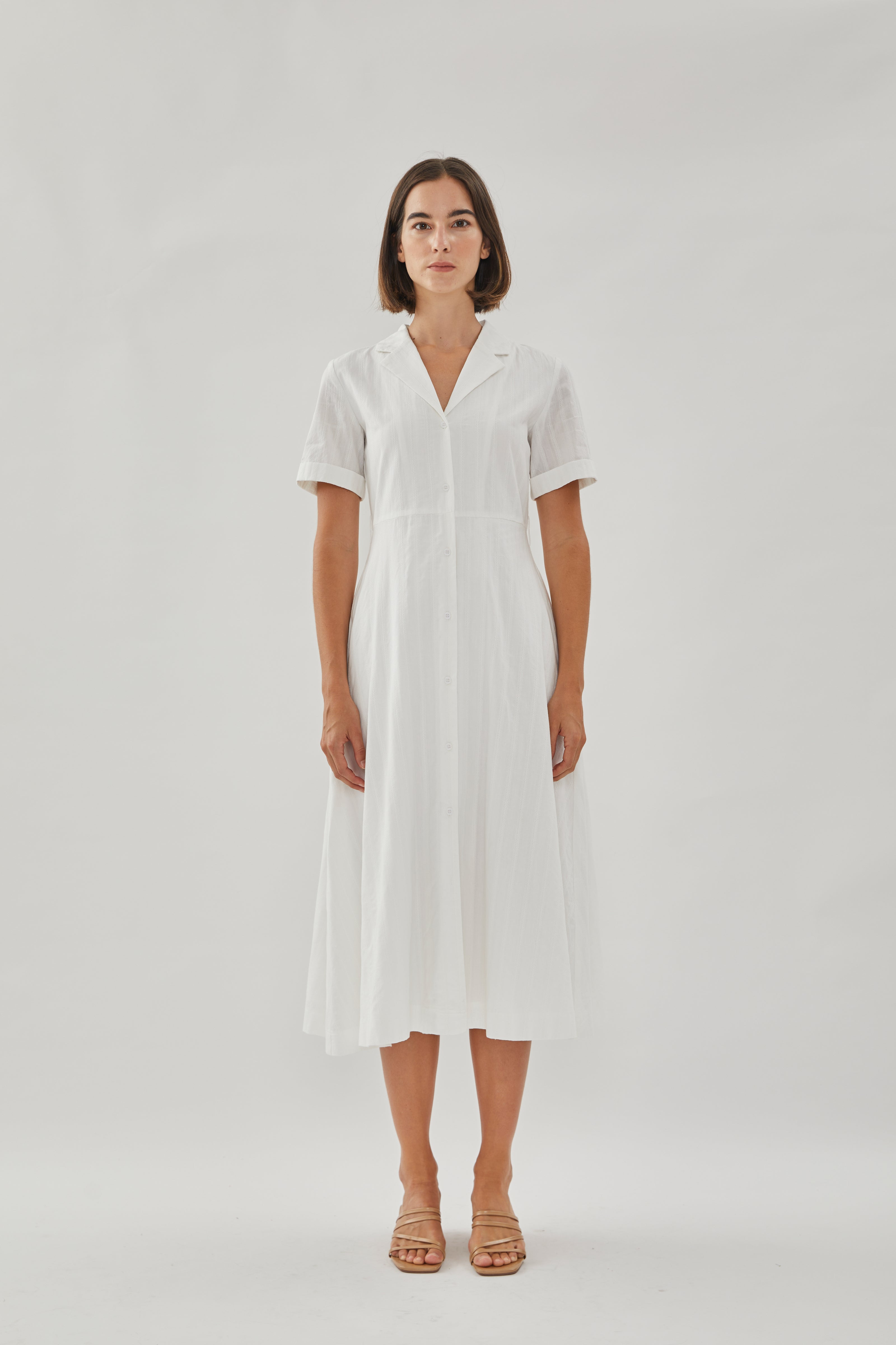 Collared Cotton Midi Dress in White