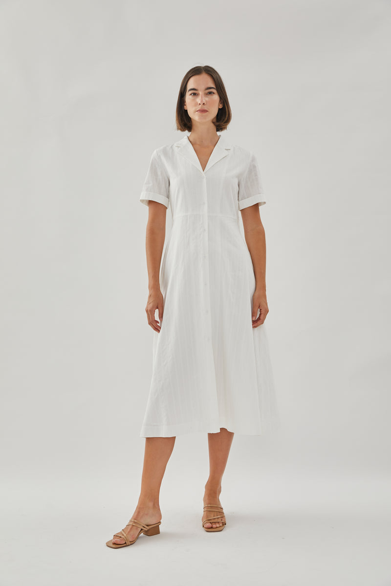Collared Cotton Midi Dress in White