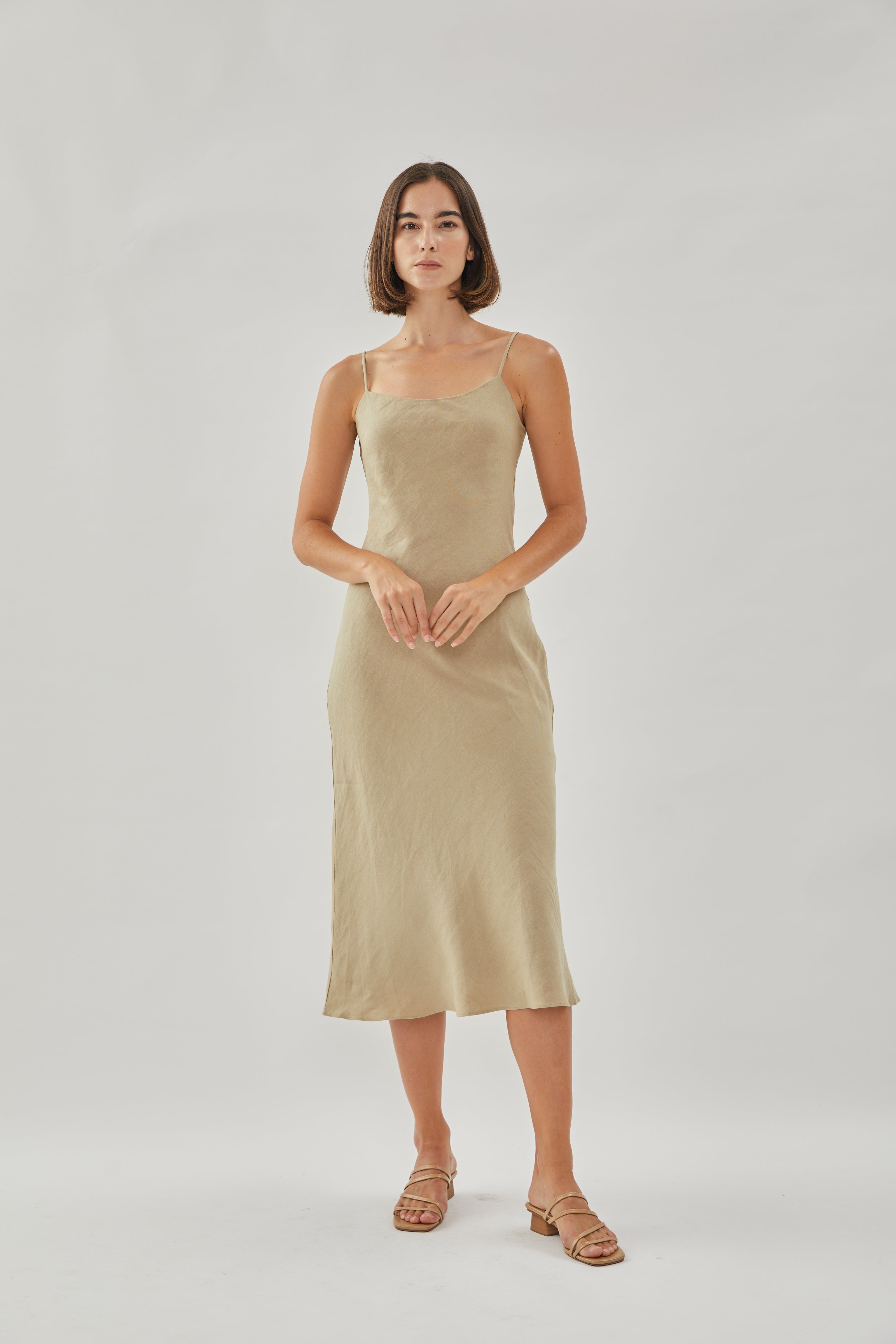 Linen Slip Dress in Khaki