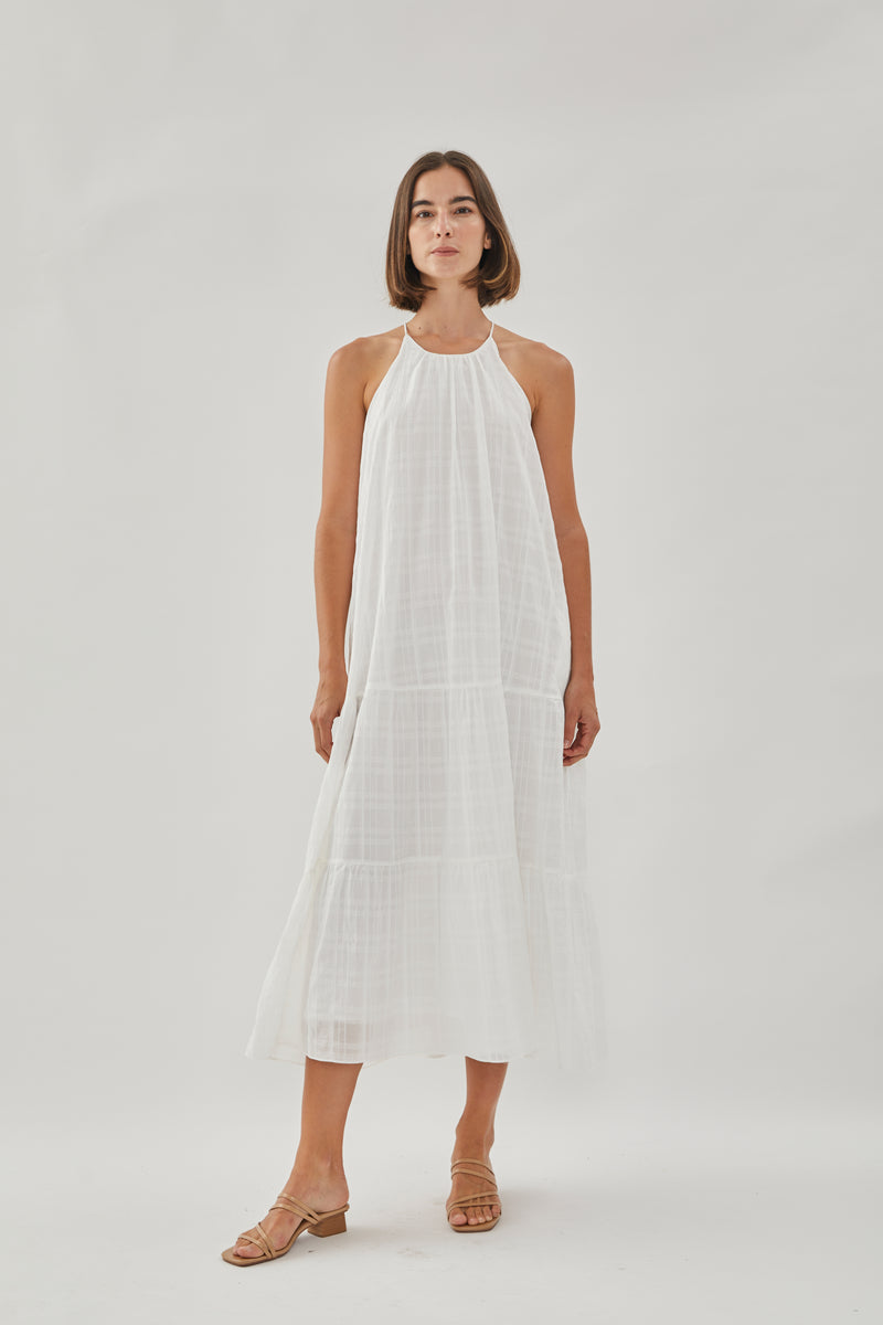 Halter Tiered Midi Dress in White