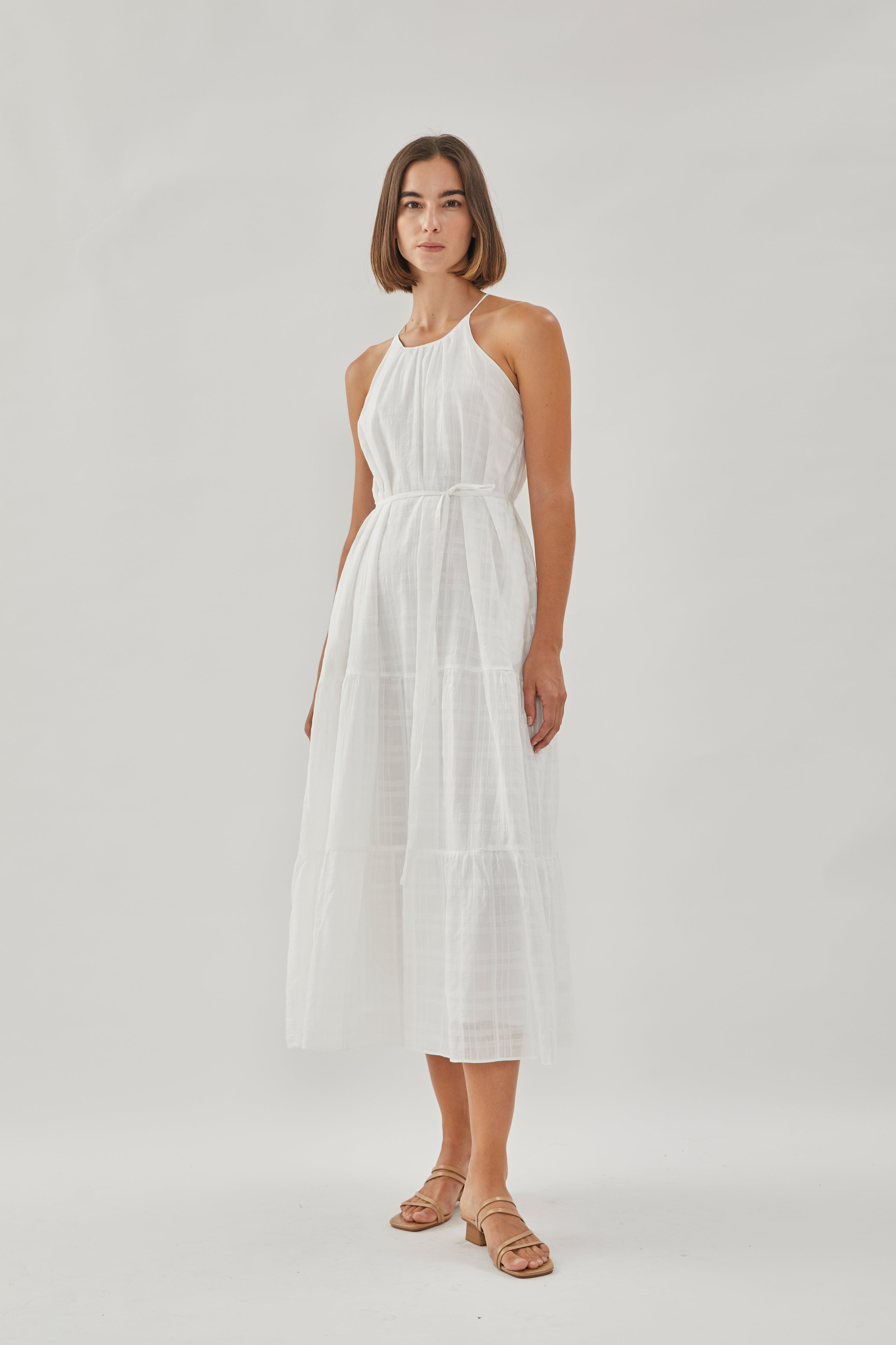 Halter Tiered Midi Dress in White