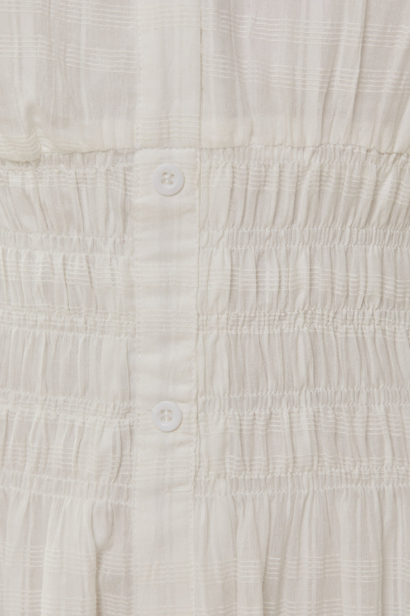 Buttoned-down Shirred Midi Dress in White