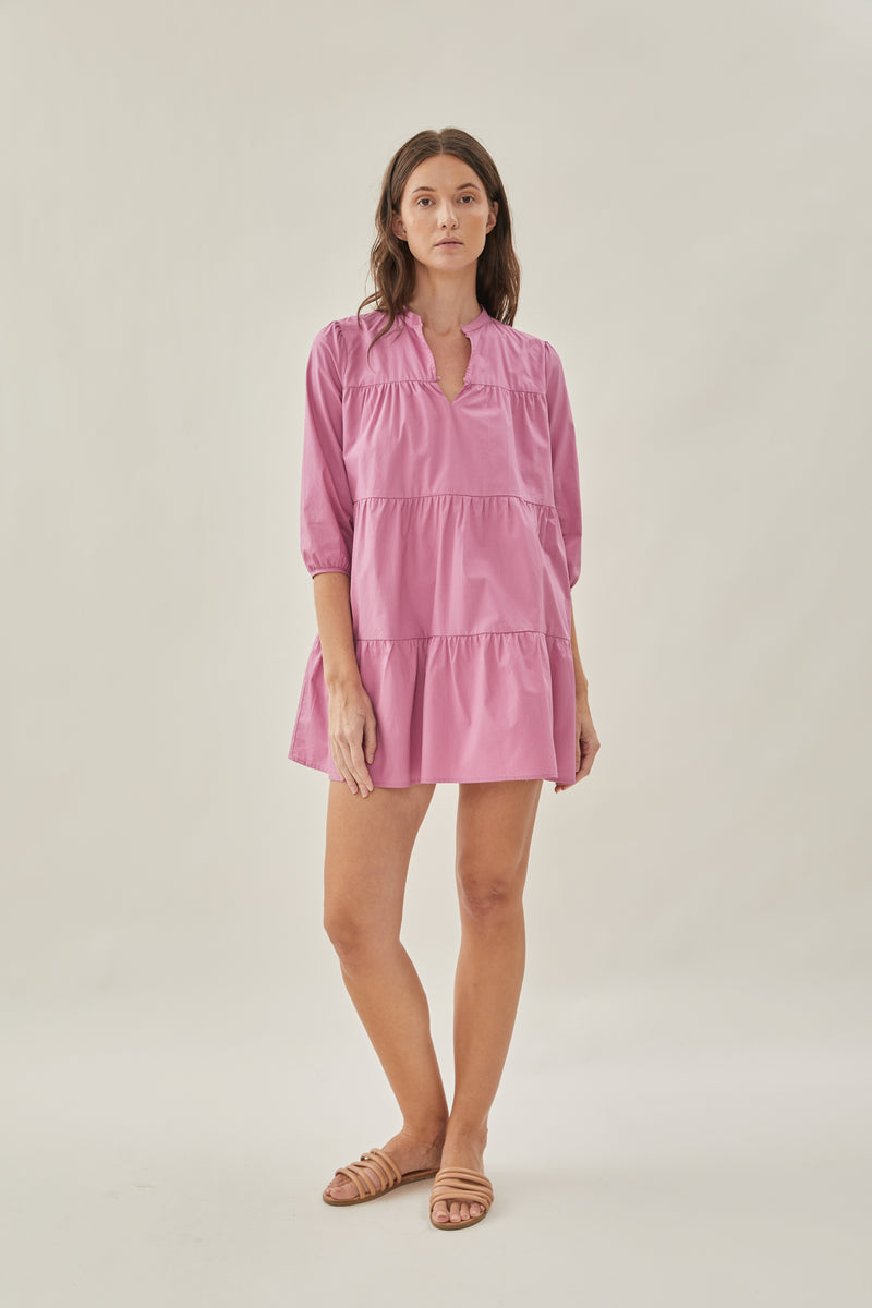 Sleeved Tiered Mini Dress in Hibiscus