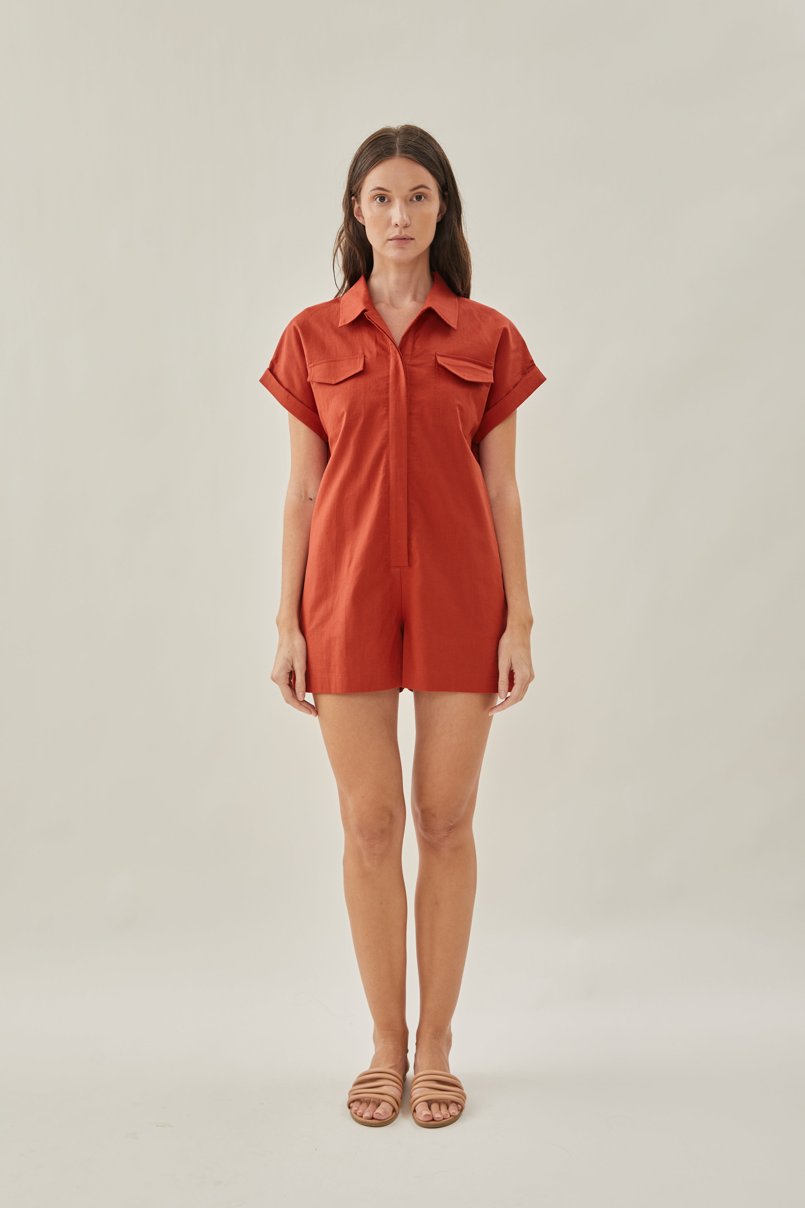 Shirt Linen Romper in Poppy Red