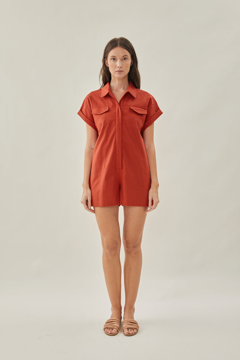 Shirt Linen Romper in Poppy Red