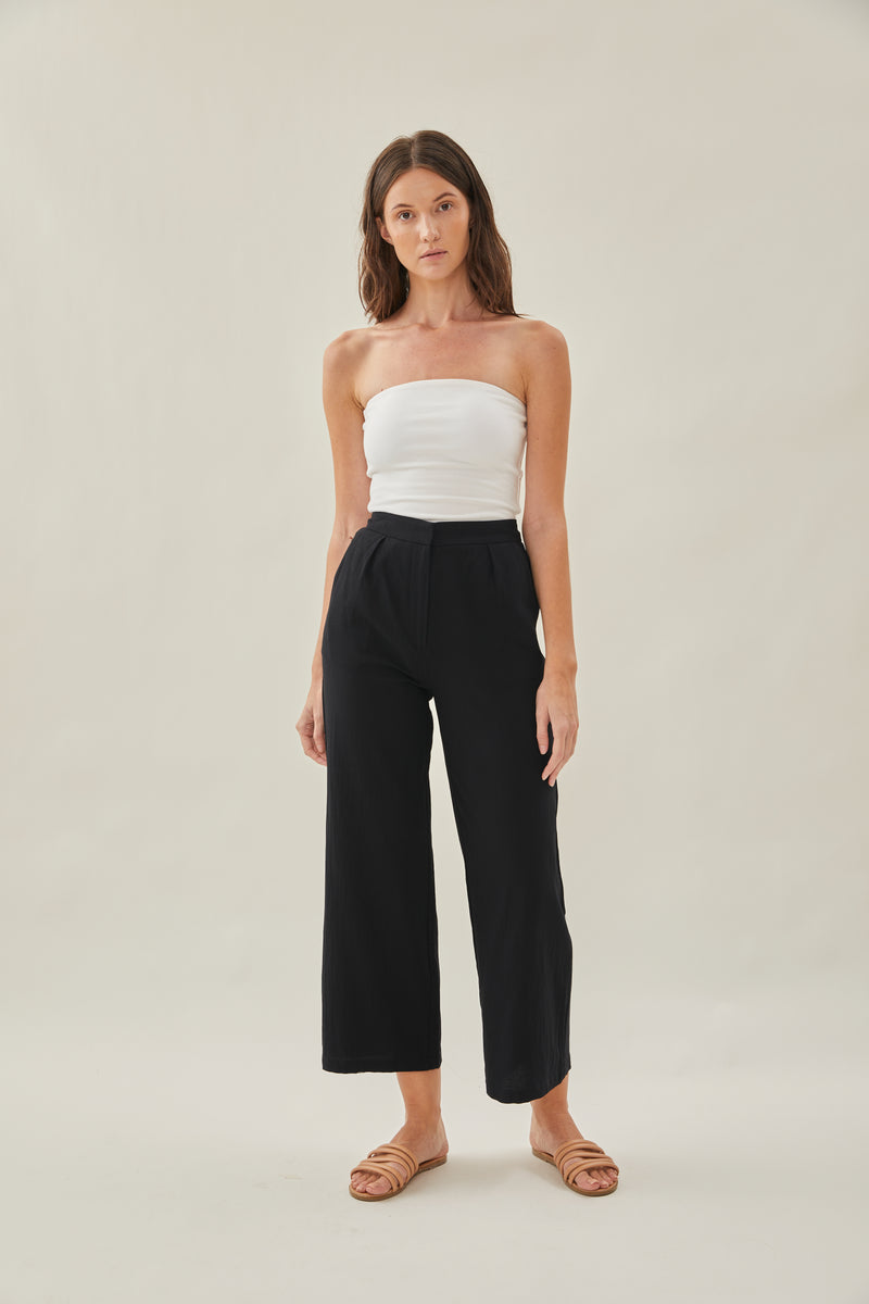 Cotton Pleated Trouser in Black