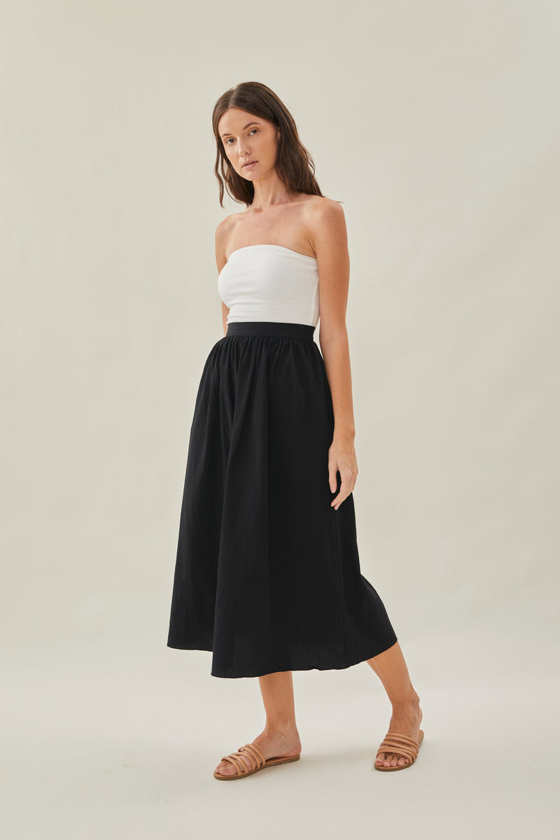 Cotton Gathered Midi Skirt in Black