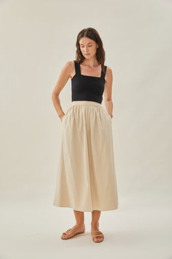 Cotton Gathered Midi Skirt in Oat