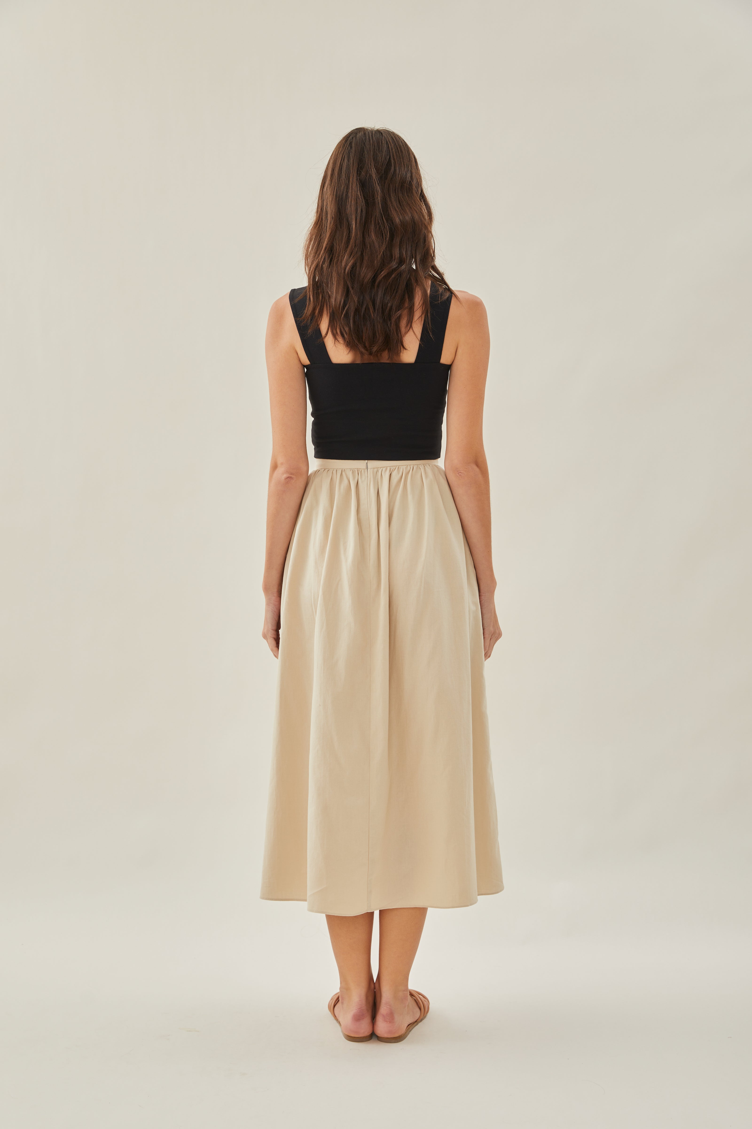 Cotton Gathered Midi Skirt in Oat