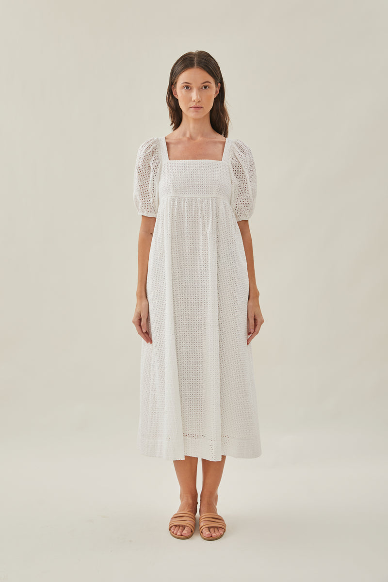 Maha Crochet Square Neck Midi Dress in White