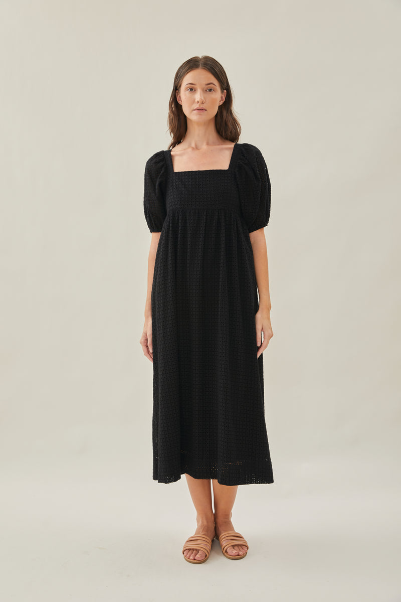 Maha Crochet Square Neck Midi Dress in Black