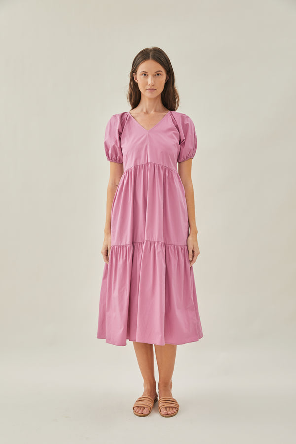 V-Neck Tiered Midi Dress in Hibiscus