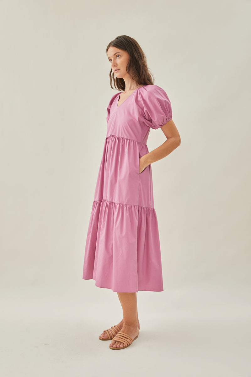 V-Neck Tiered Midi Dress in Hibiscus