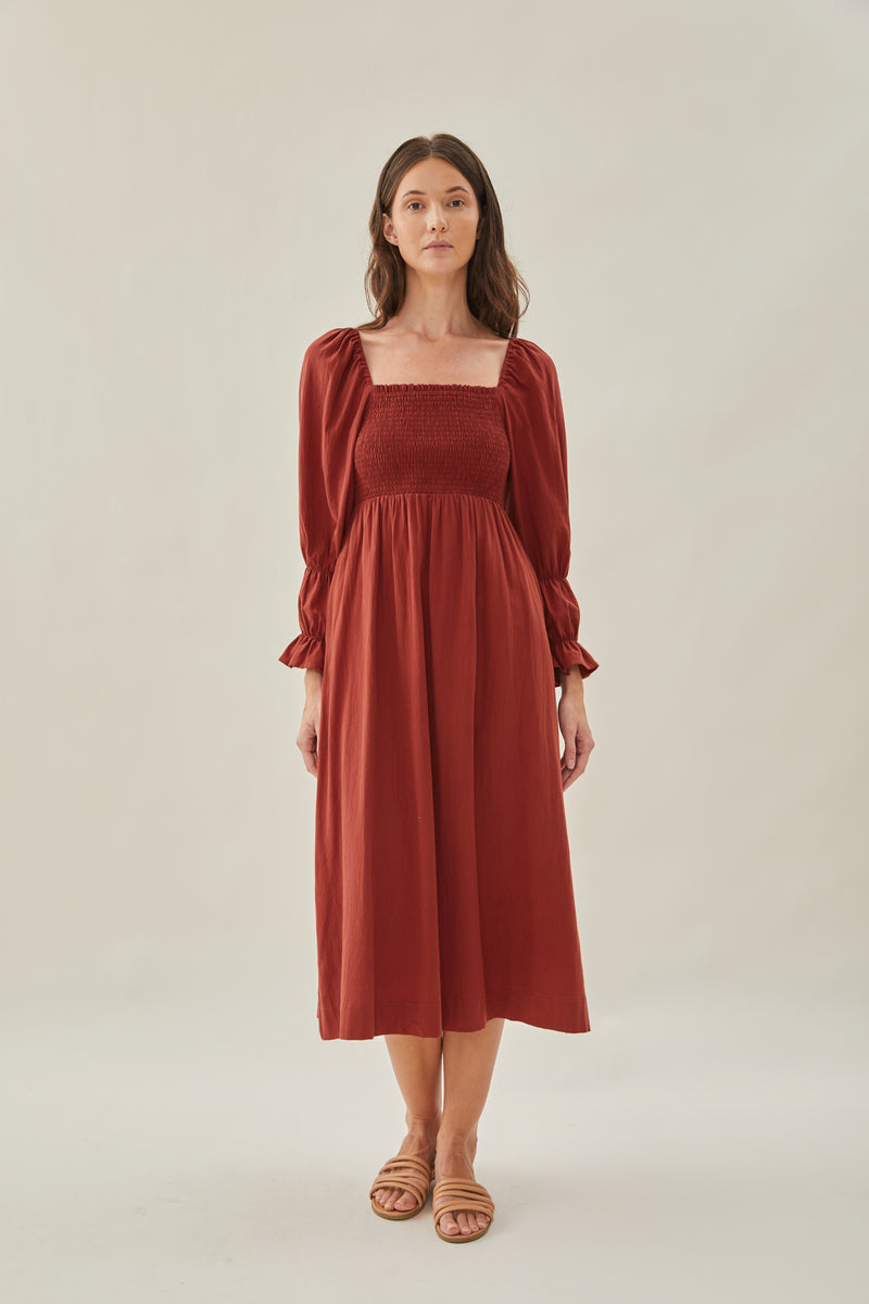 Cotton Shirred Midi Dress in Sienna