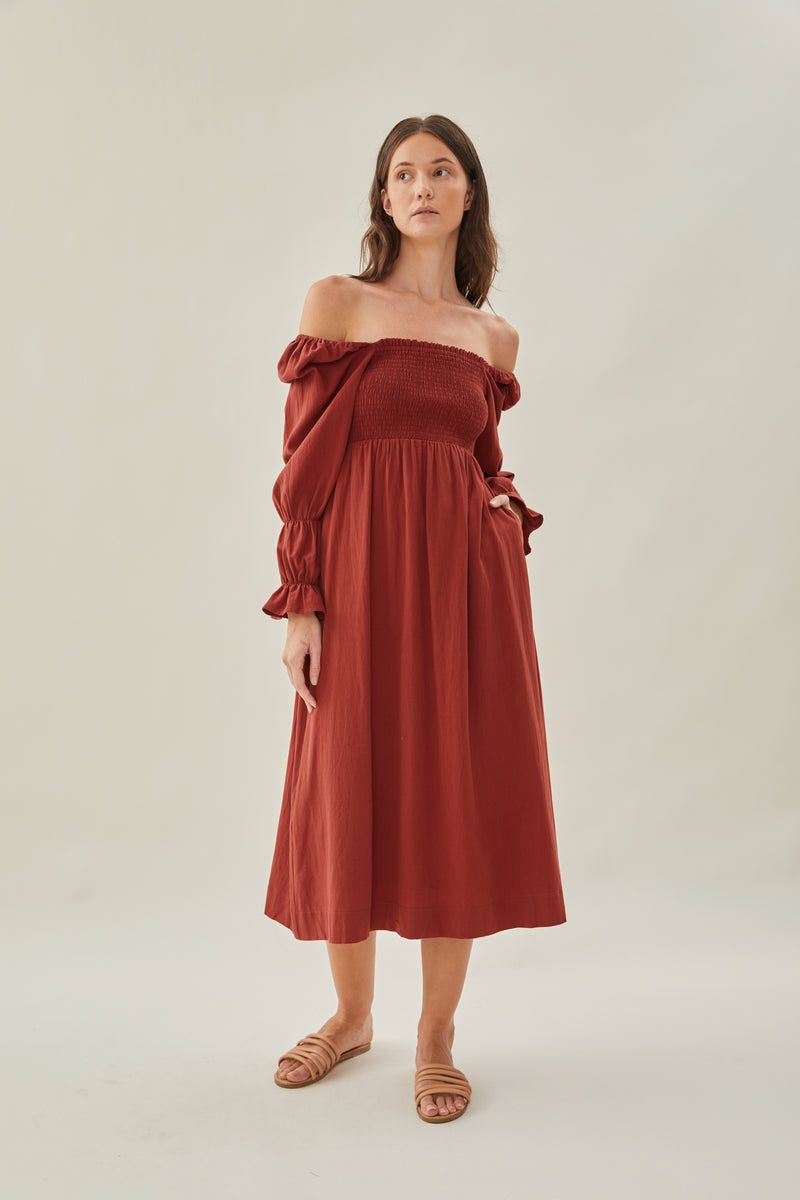 Cotton Shirred Midi Dress in Sienna