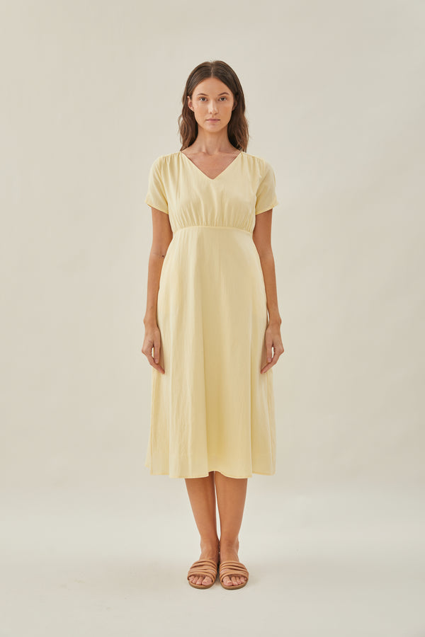 Waisted Midi Dress in Soft Yellow