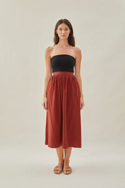 Cotton Gathered Midi Skirt in Sienna