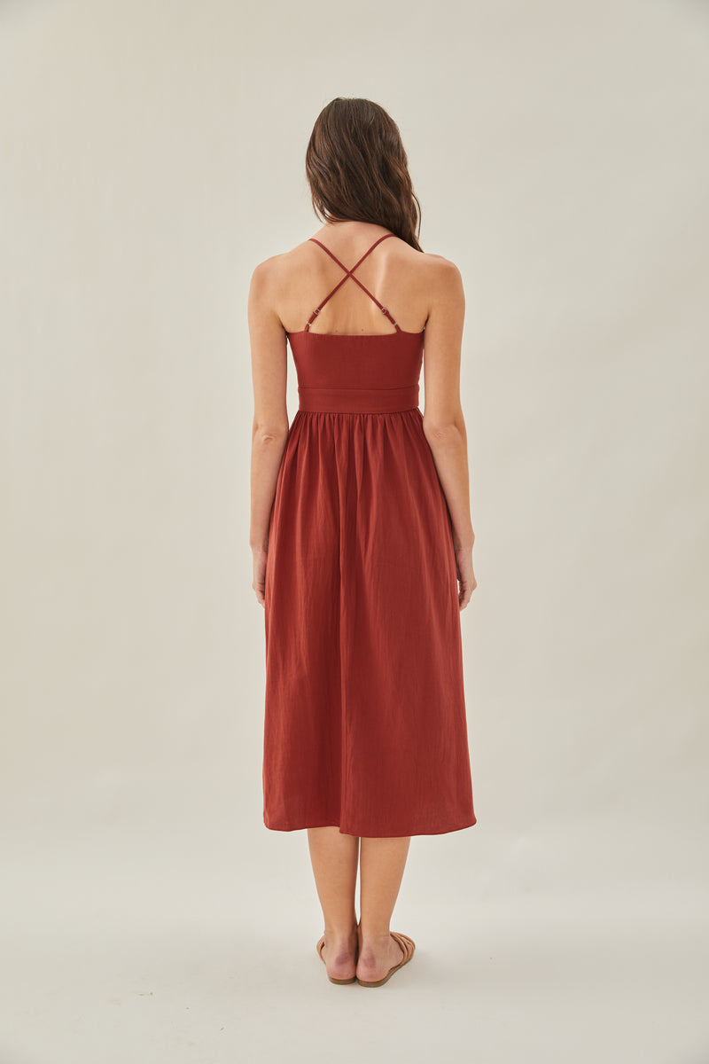 Crossback Cotton Midi Dress in Sienna