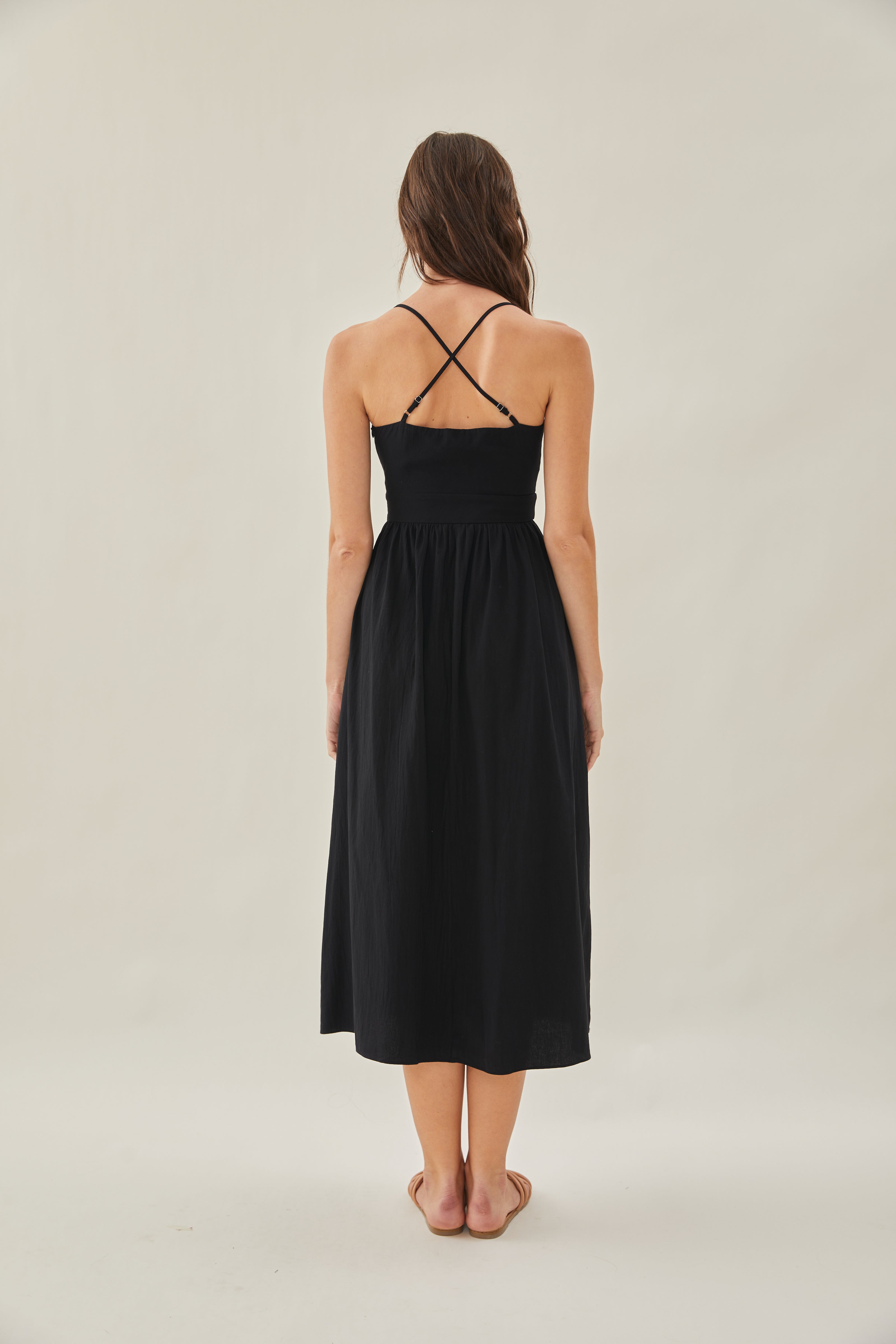 Crossback Cotton Midi Dress in Black