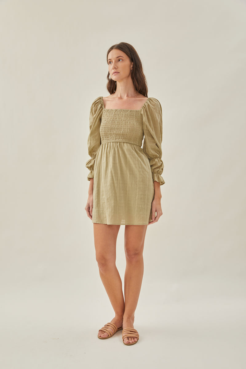 Textured Cotton Shirred Mini Dress in Muted Moss