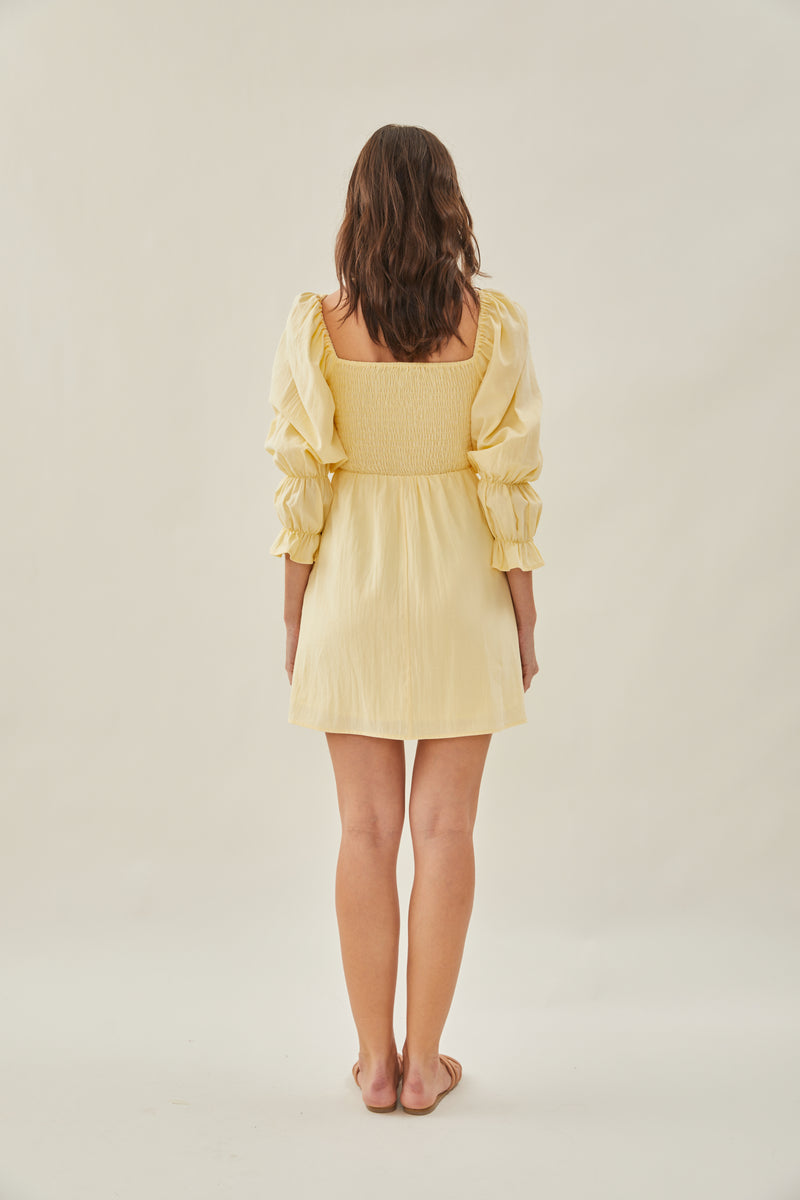 Cotton Shirred Mini Dress in Soft Yellow