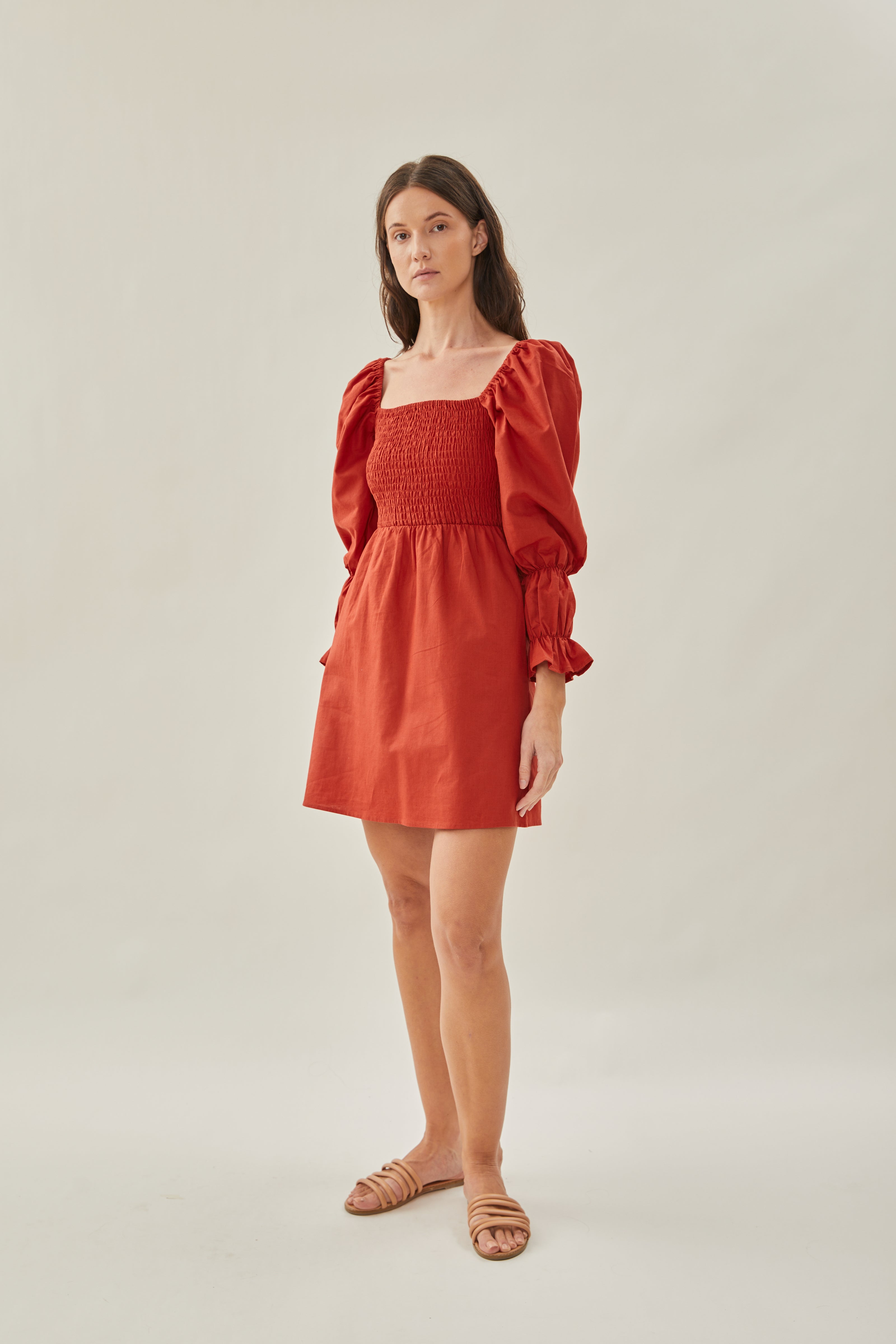 Linen Shirred Mini Dress in Poppy Red