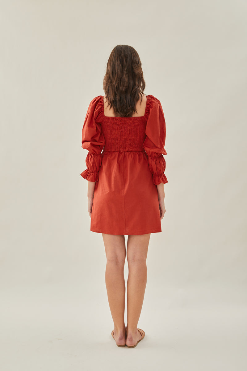Linen Shirred Mini Dress in Poppy Red