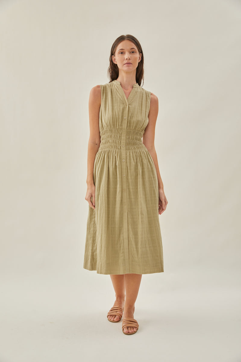 Buttoned-down Shirred Midi Dress in Muted Moss