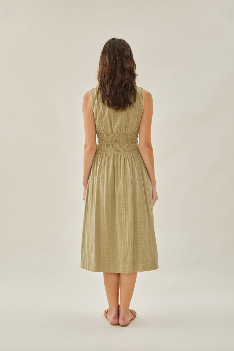 Buttoned-down Shirred Midi Dress in Muted Moss