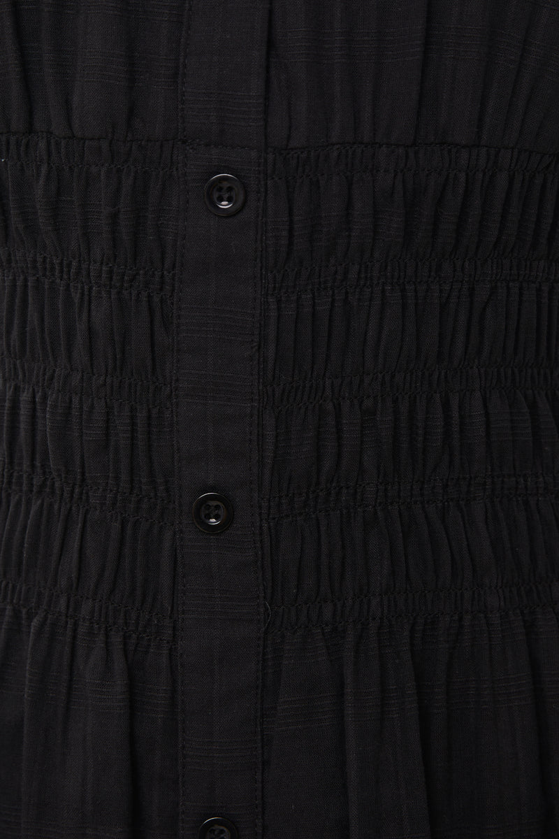 Buttoned-down Shirred Midi Dress in Black