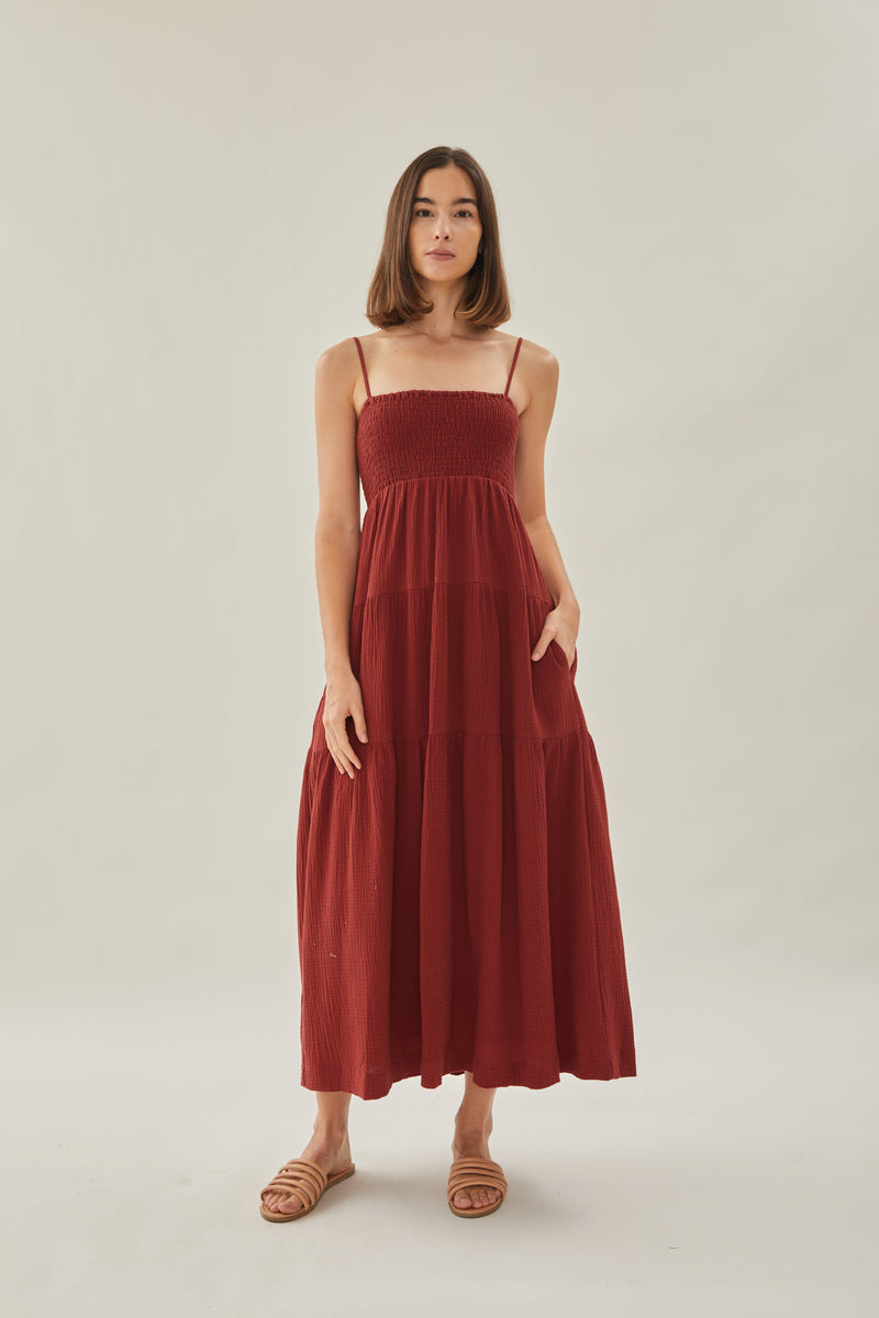 Shirred Maxi Dress in Cherry Red