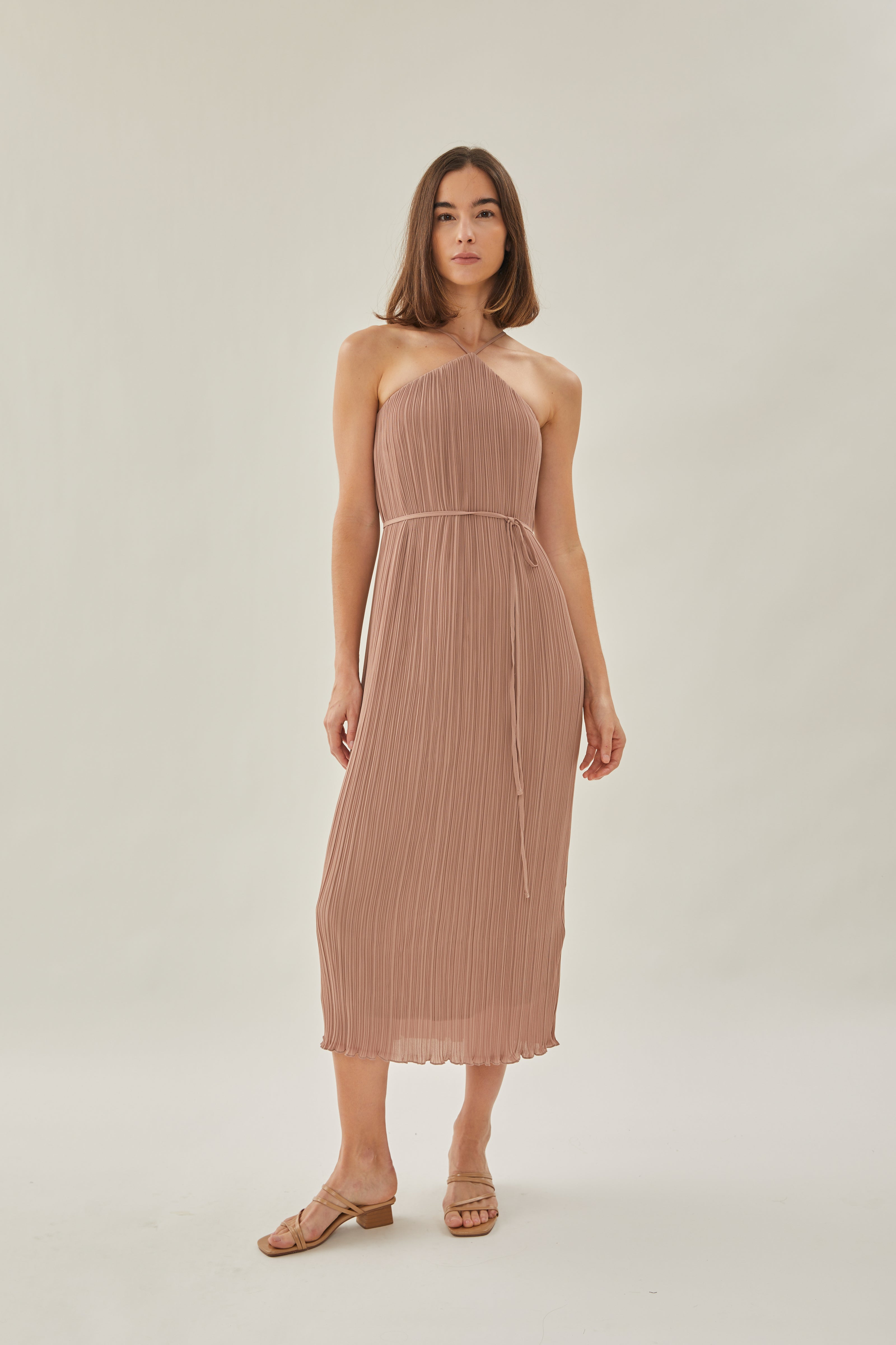Halter Pleated Maxi Dress in Muted Rose