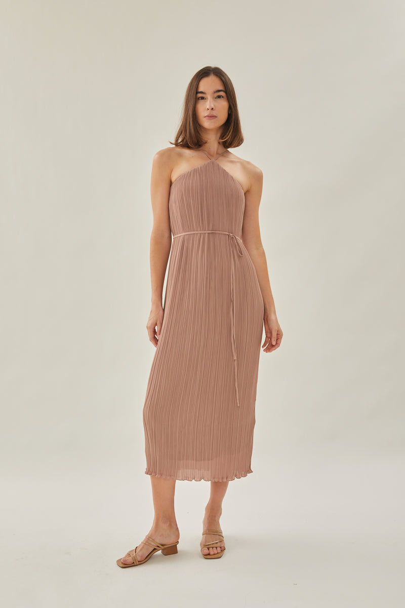 Halter Pleated Maxi Dress in Muted Rose