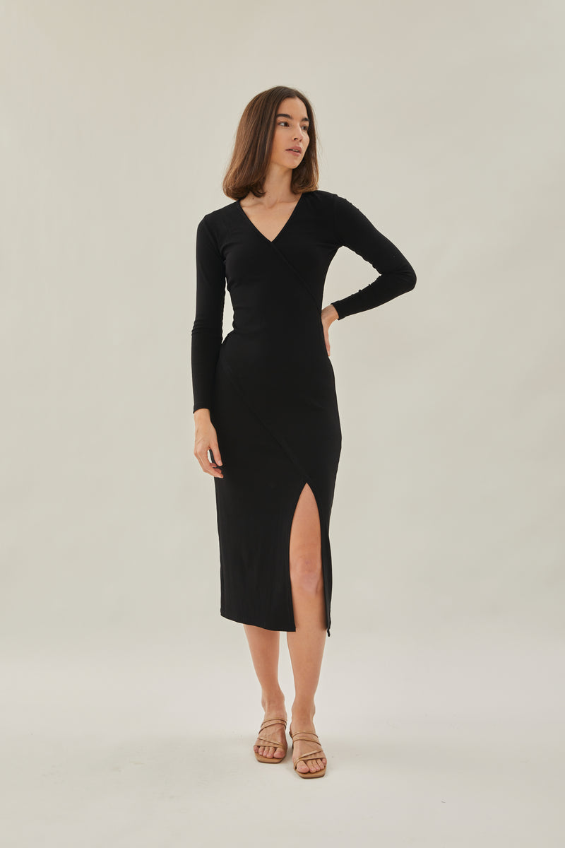 Knit Midi Dress with Slit in Black