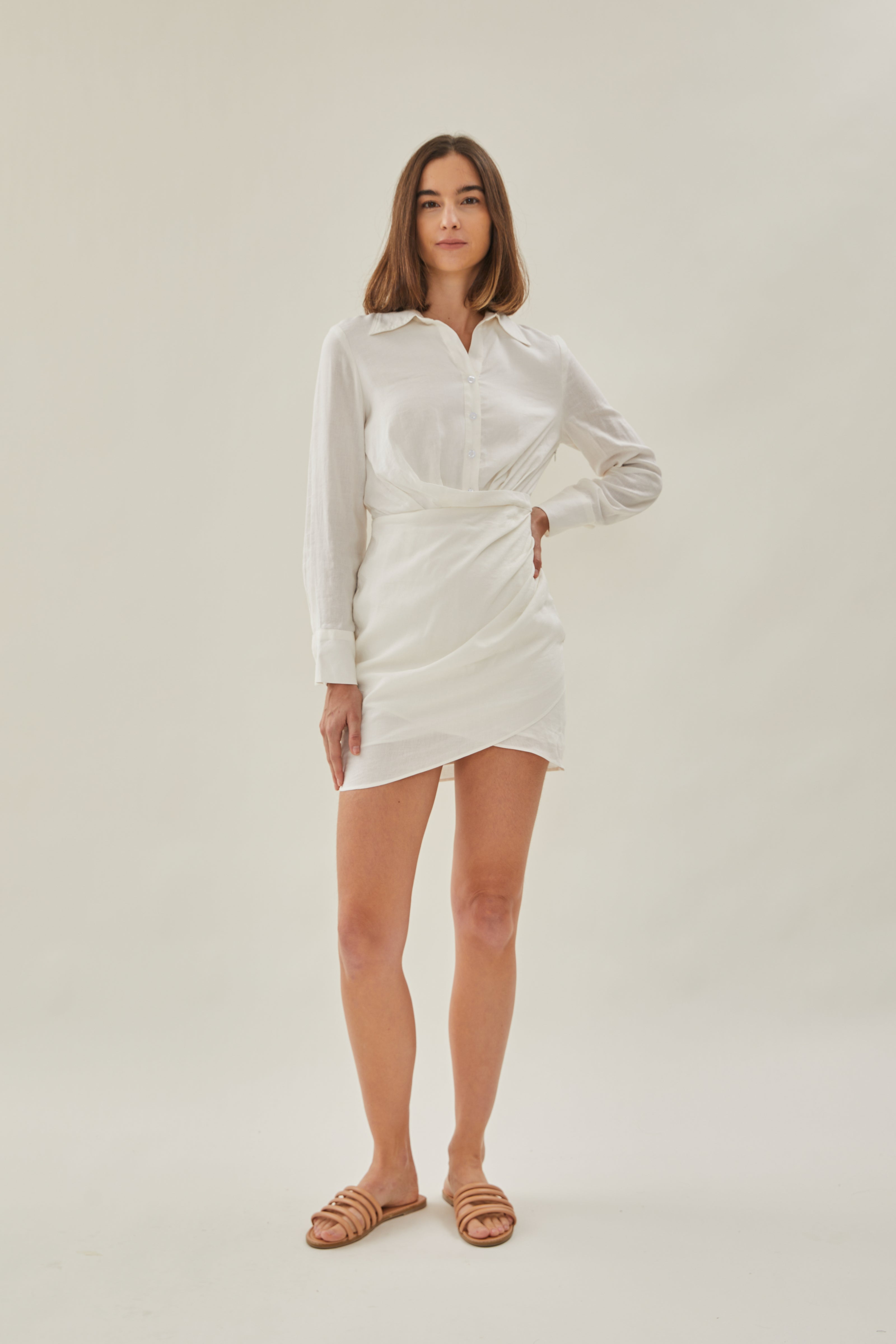 Linen Wrapped Shirt Dress in White