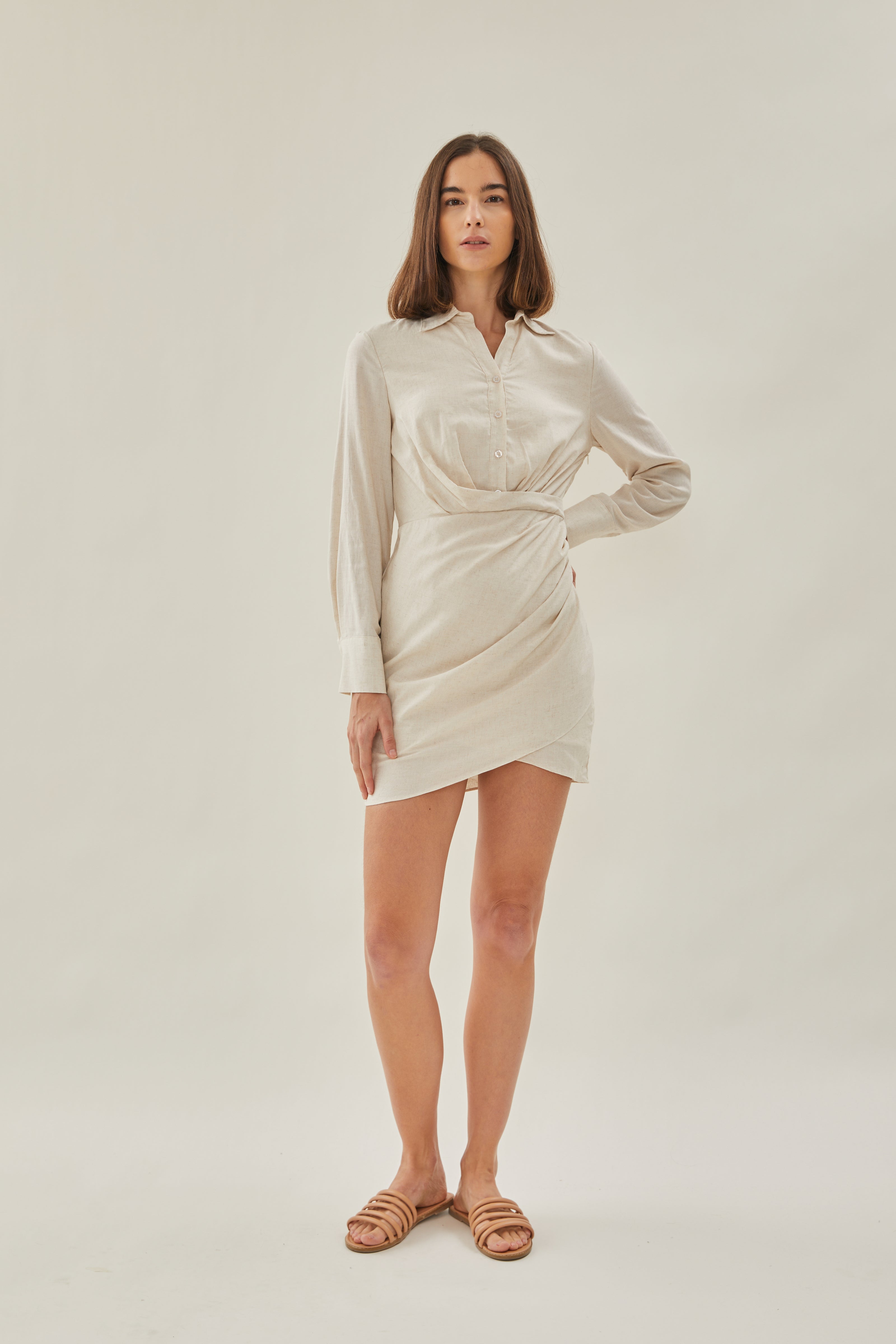 Linen Wrapped Shirt Dress in Natural