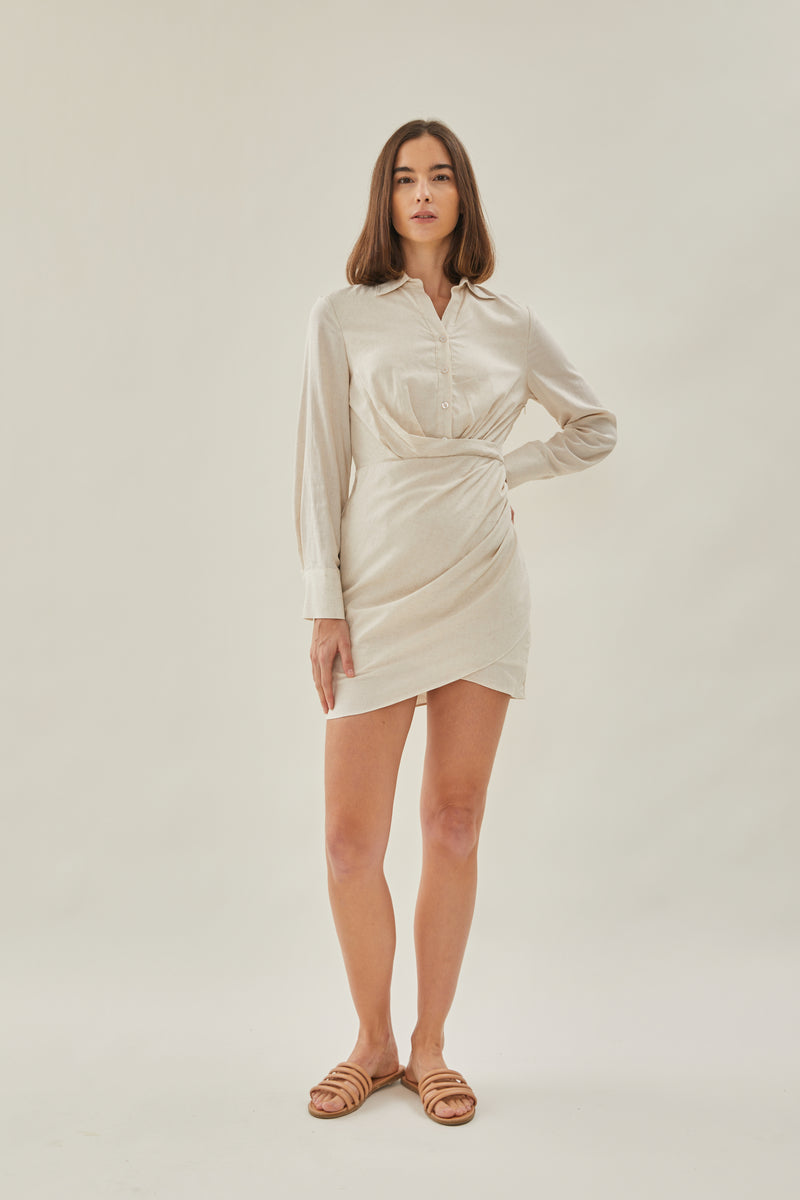 Linen Wrapped Shirt Dress in Natural