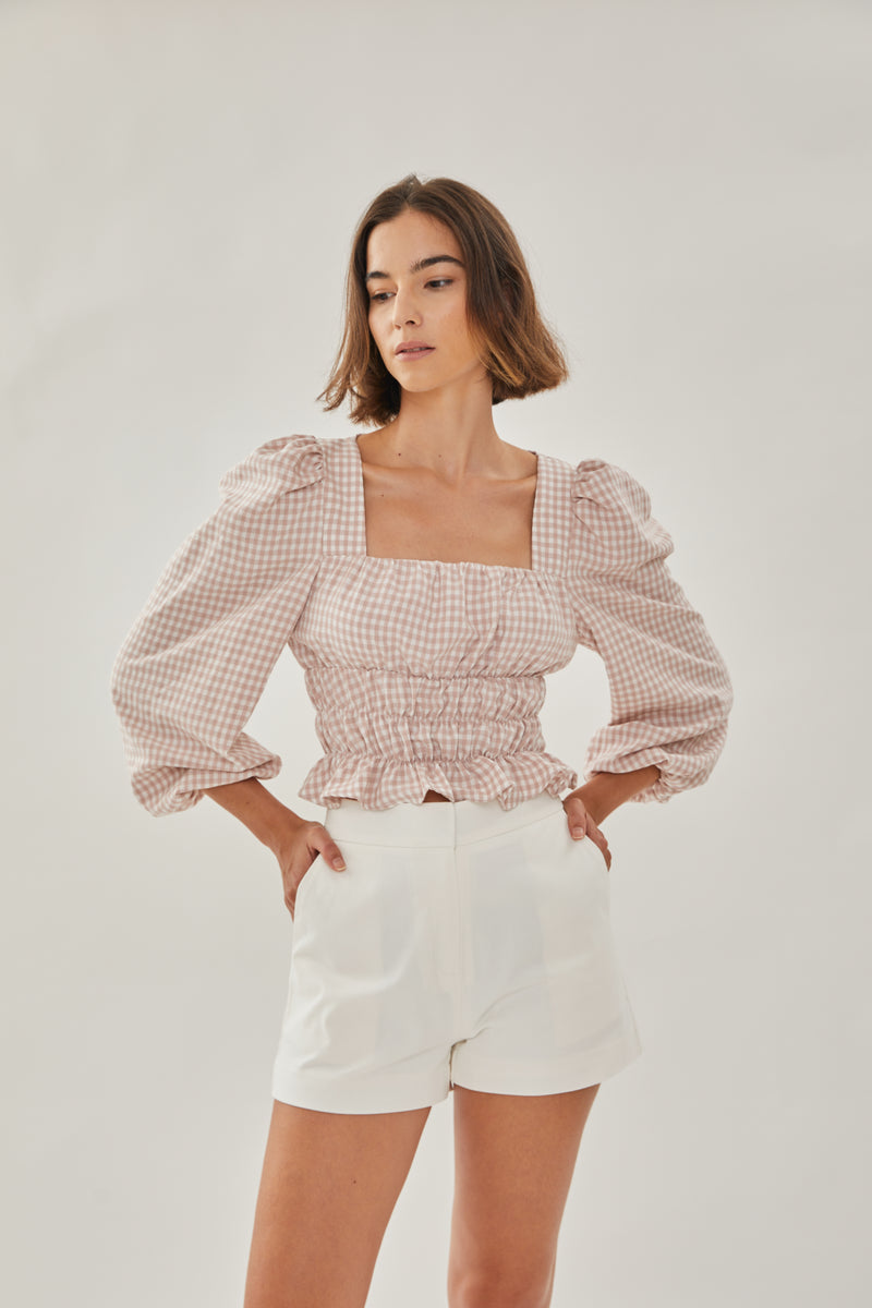 Sleeved Ruffle Top in Gingham Pink