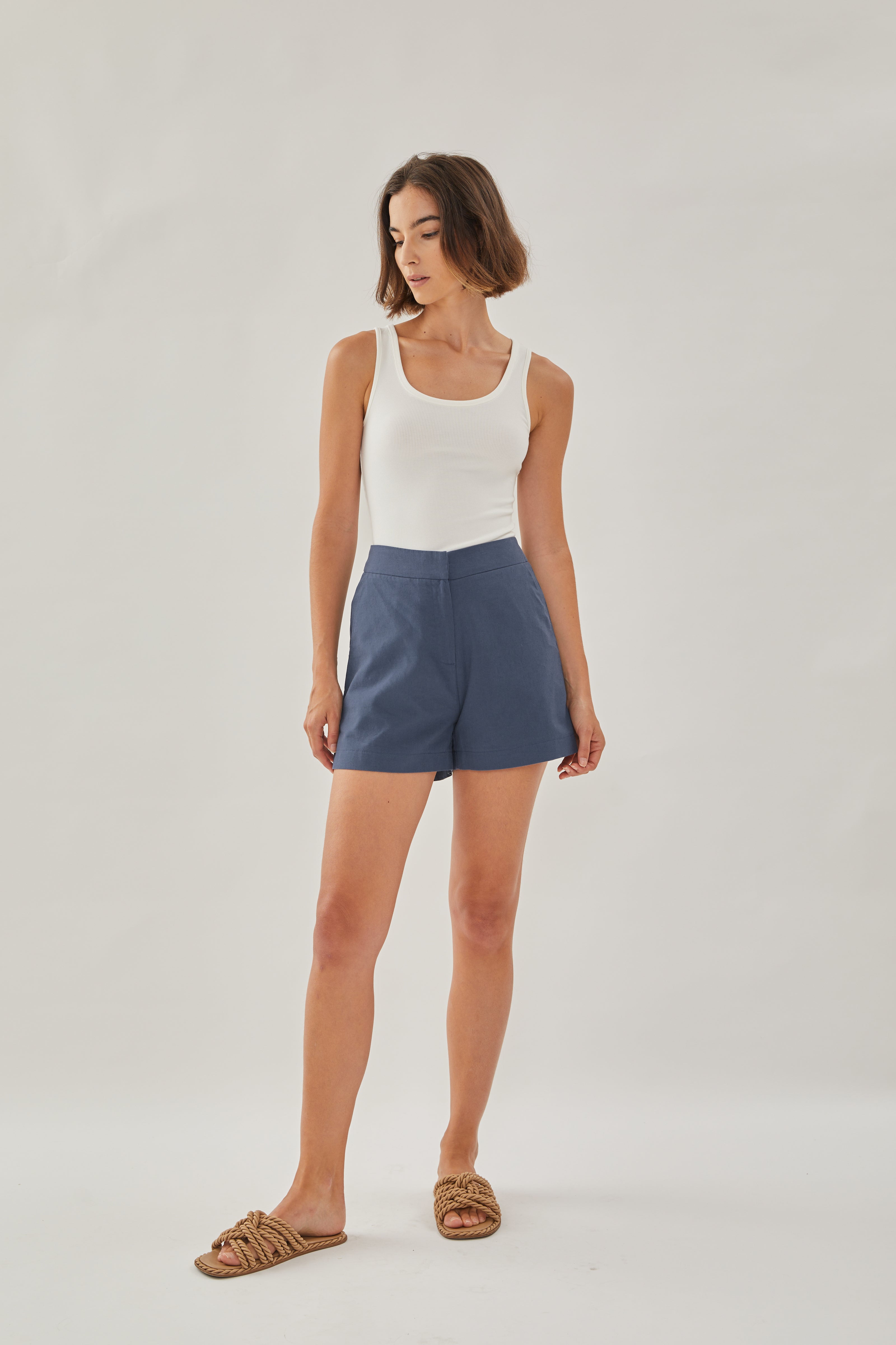 Linen Shorts in Stone Blue