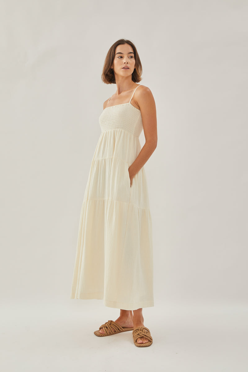 Shirred Maxi Dress in Butter