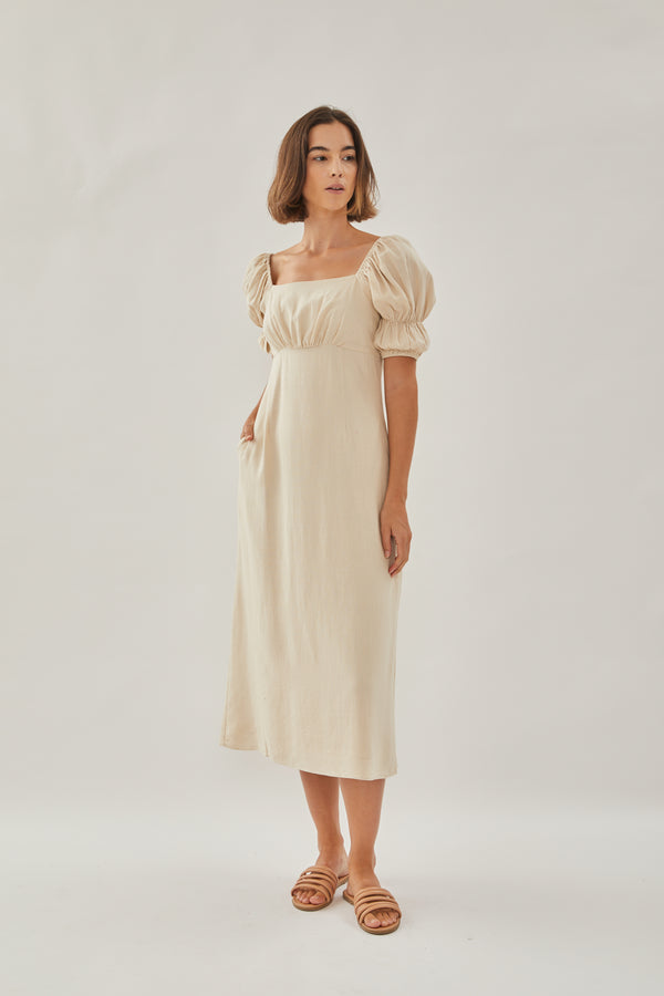 Puffed Sleeved Midi Dress in Natural