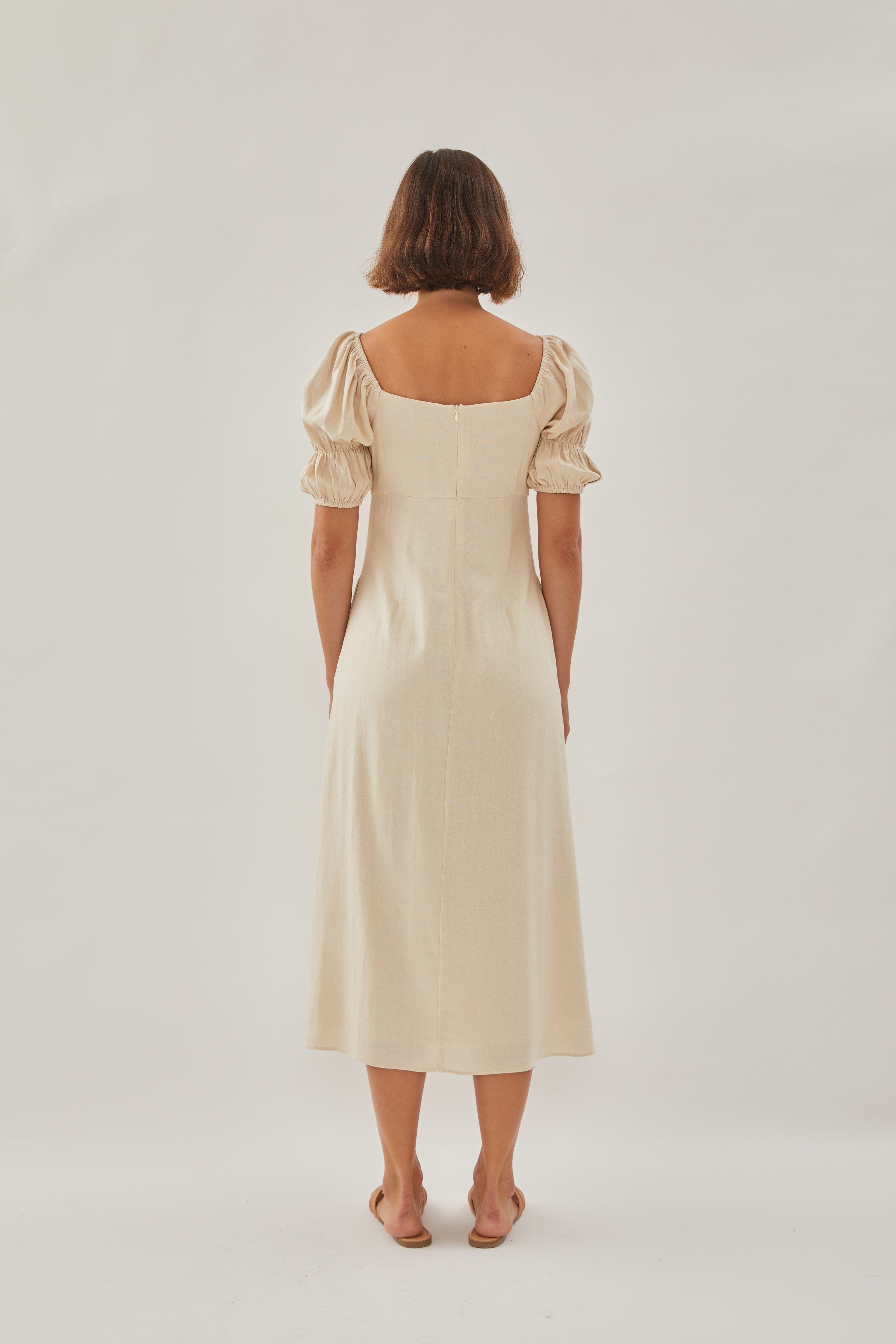 Puffed Sleeved Midi Dress in Natural