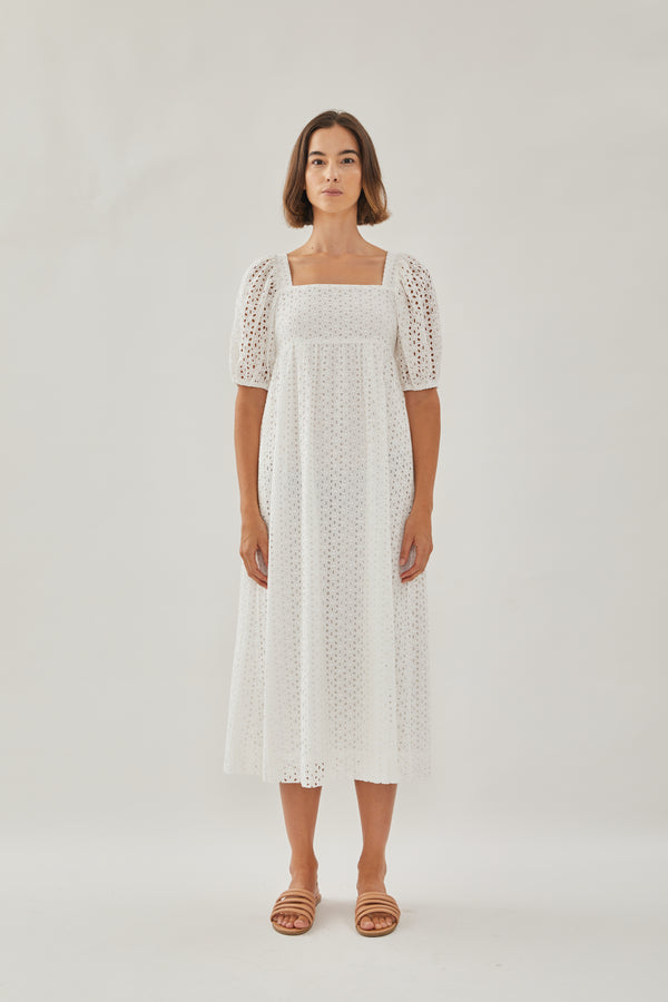 Broderie Midi Dress in White