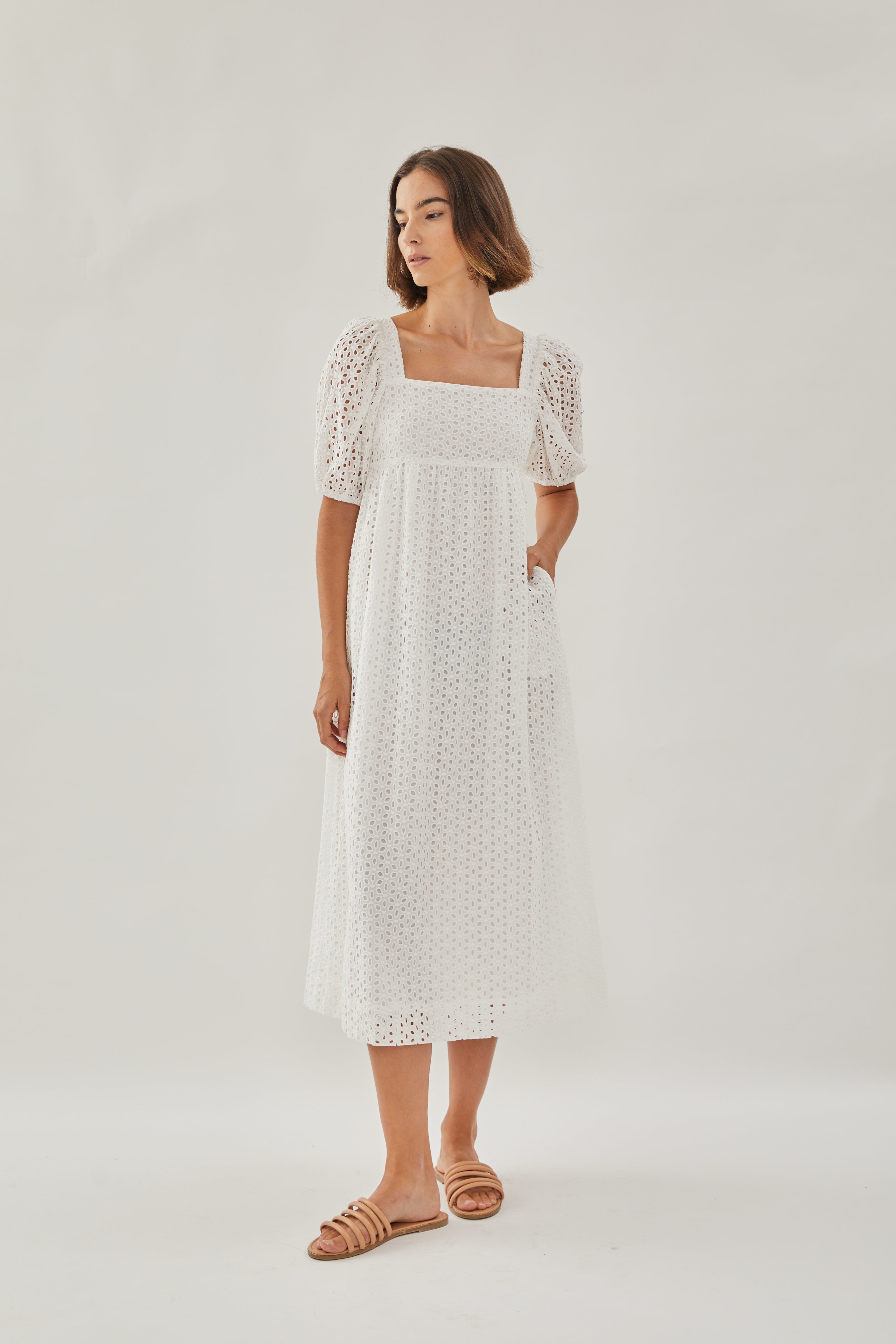 Broderie Midi Dress in White