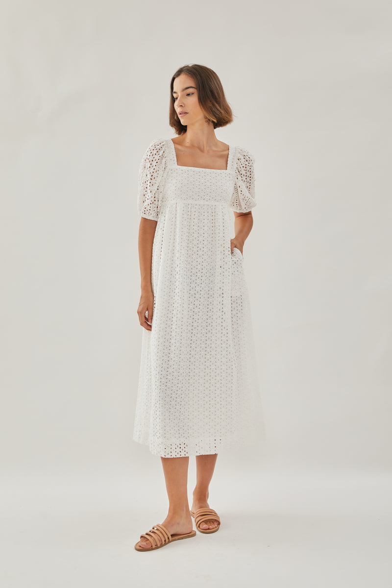 Broderie Midi Dress in White