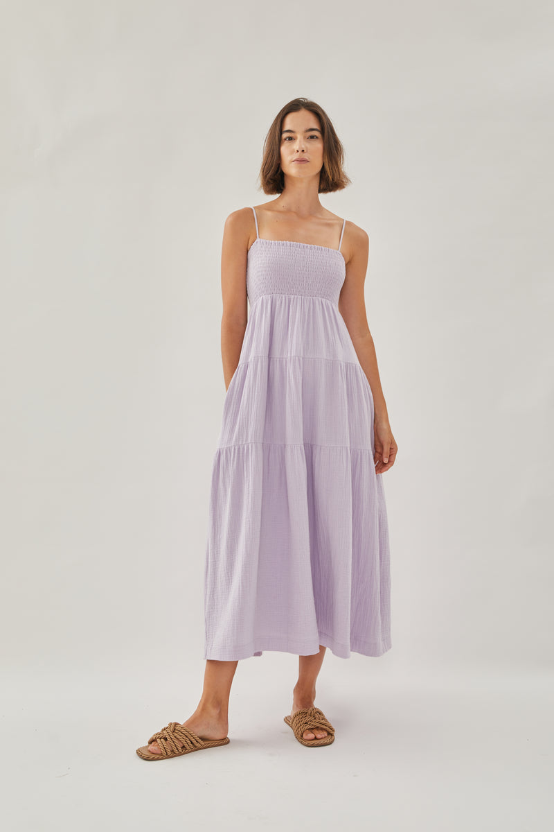 Shirred Maxi Dress in Soft Purple